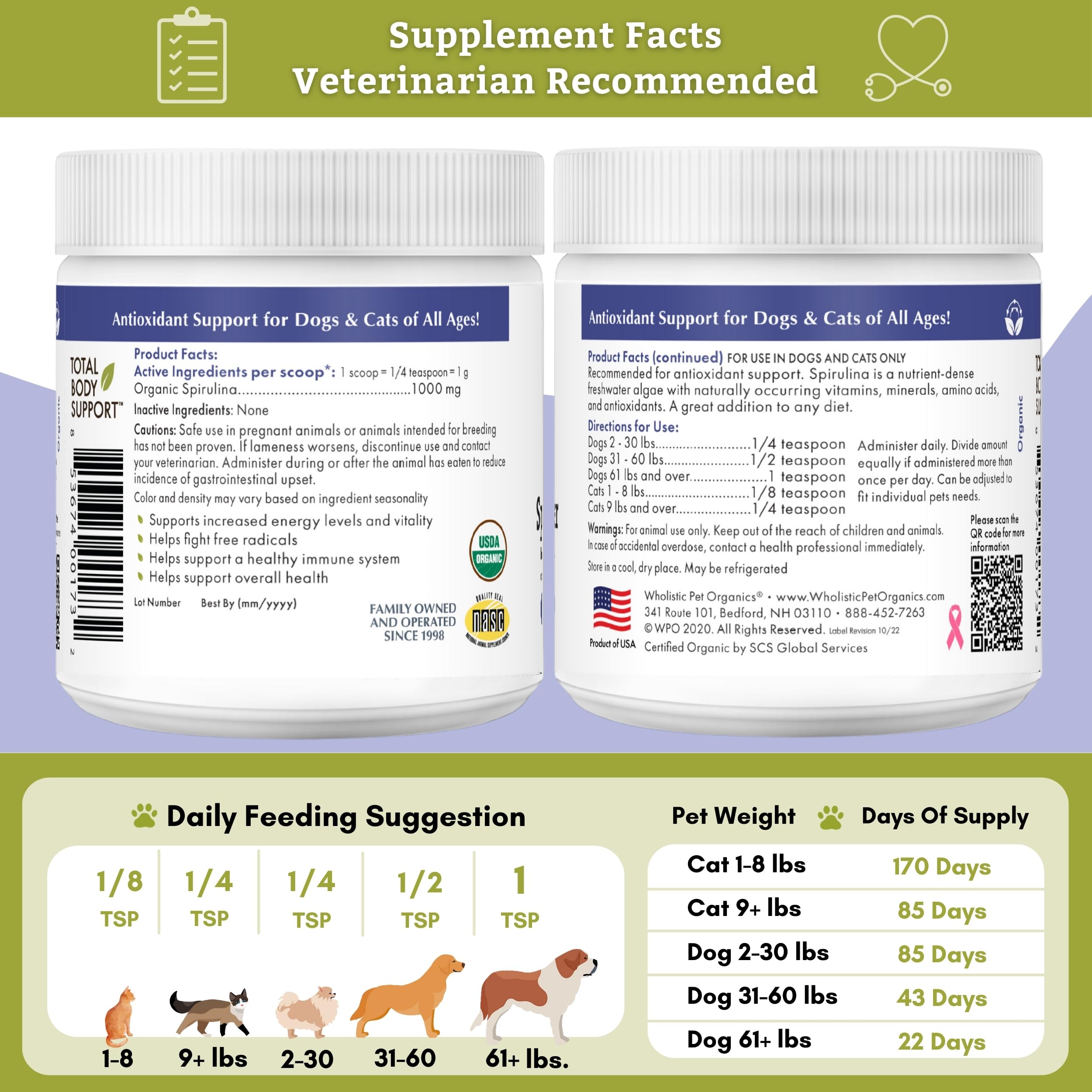 Wholistic Pet Organics Spiruline poudre: complément végétal pour croquettes et pâtées.