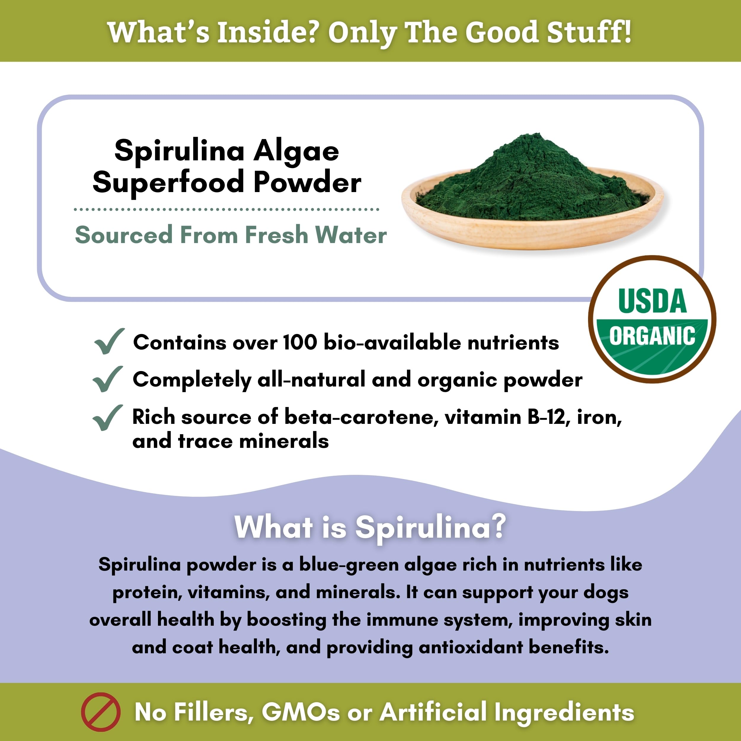 Wholistic Pet Organics Spiruline poudre: dosage facile à ajouter au repas quotidien.
