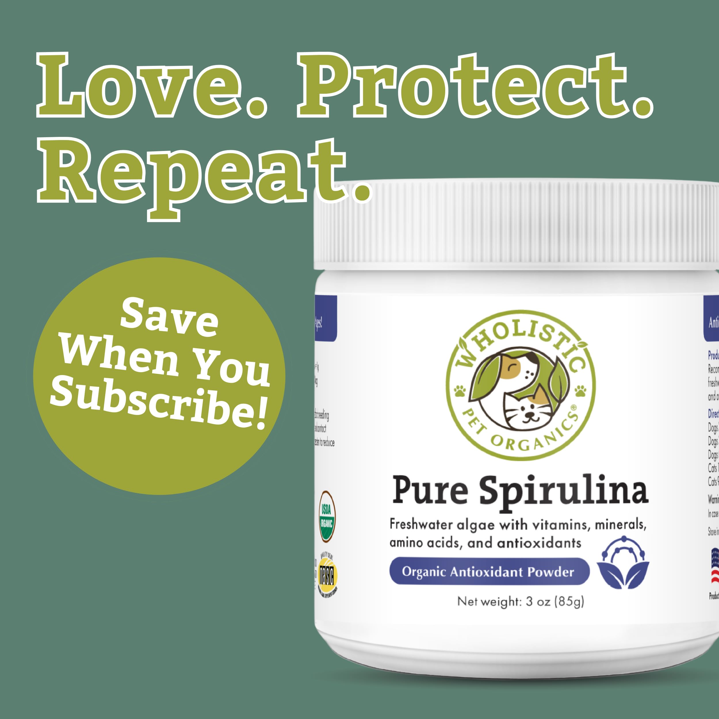 Spiruline poudre Wholistic Pet Organics: fabrication américaine et traçabilité NASC.