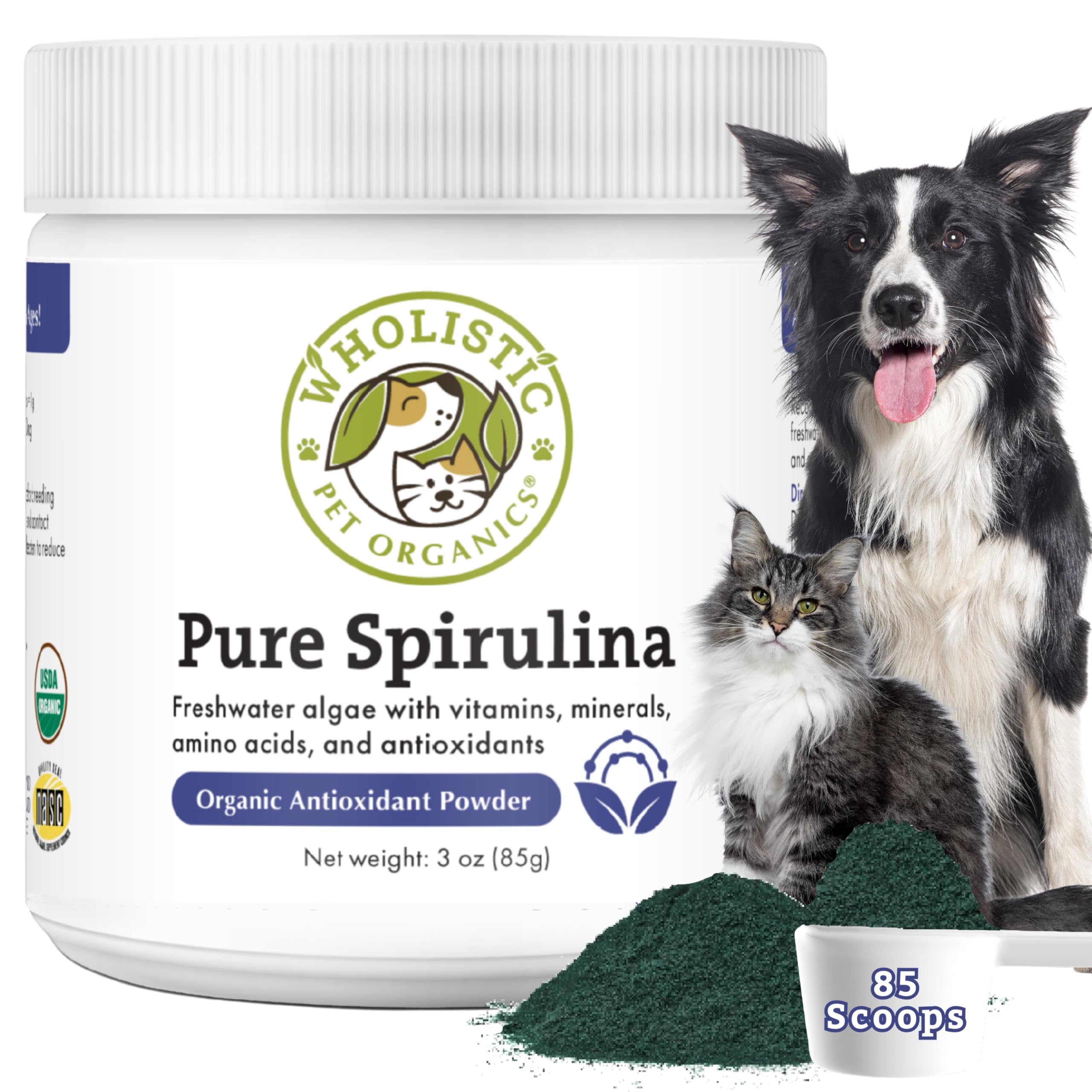 Wholistic Pet Organics Spiruline poudre: flacon pratique pour chiens et chats, énergie naturelle.