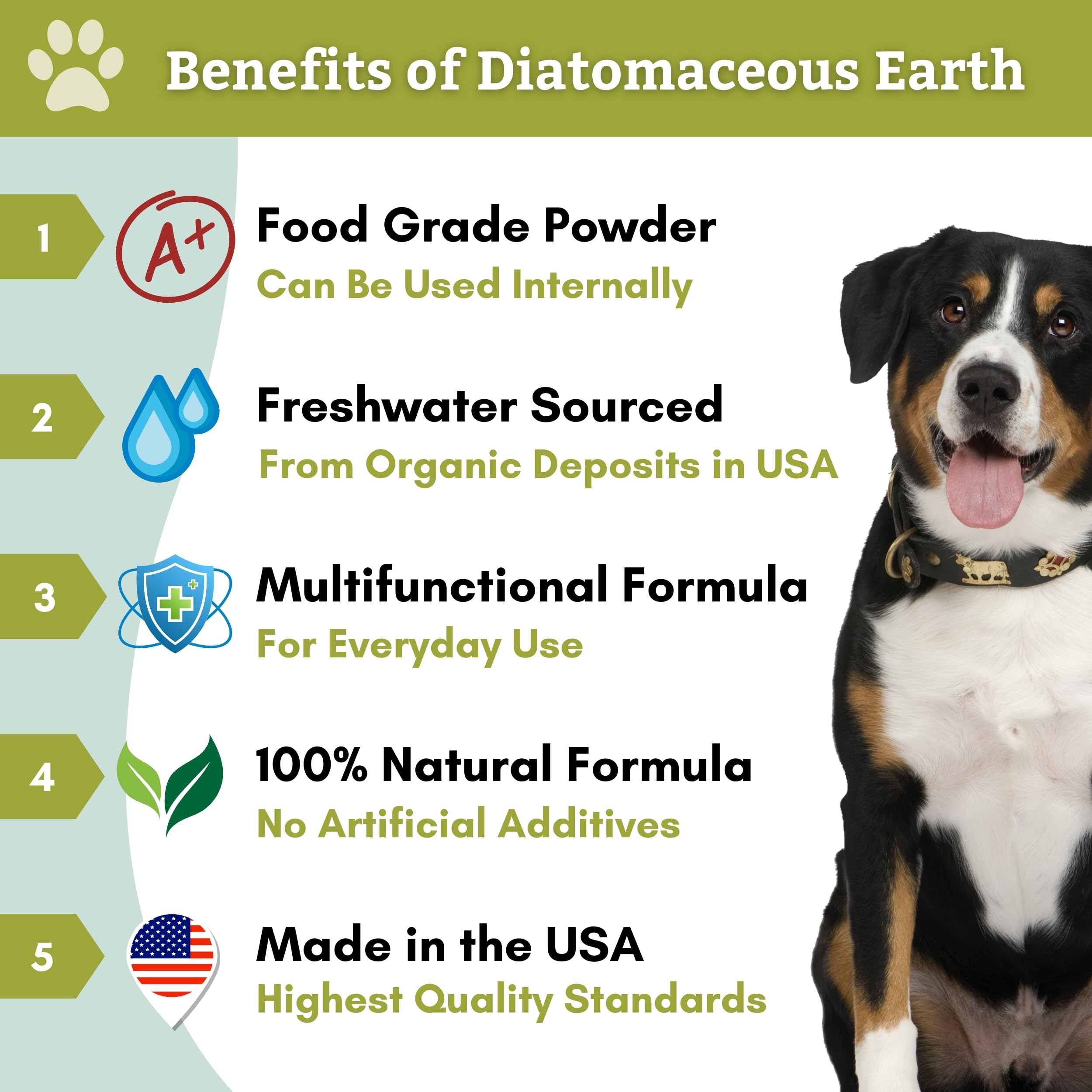 Wholistic Pet Organics Terre Diatomée, emballage transparent, poudre utile en alimentation ou application topique.