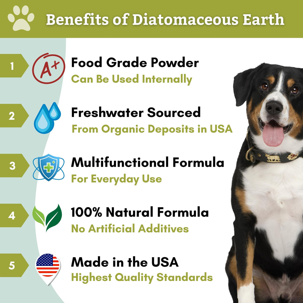 Wholistic Pet Organics Terre Diatomée, emballage transparent, poudre utile en alimentation ou application topique.