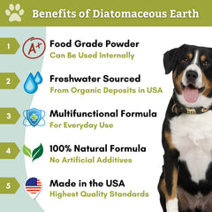 Wholistic Pet Organics Terre Diatomée, emballage transparent, poudre utile en alimentation ou application topique.