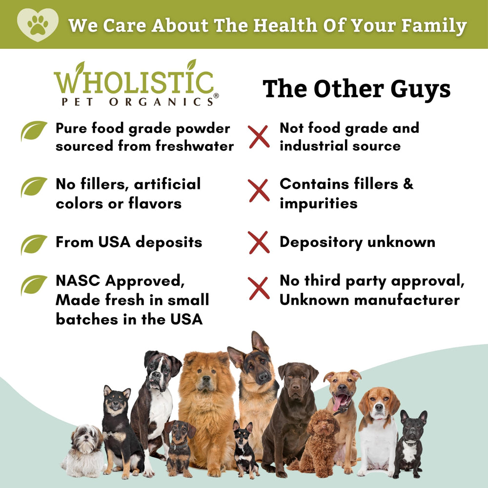 Wholistic Pet Organics Terre Diatomée, fabriqué aux États-Unis, garantie qualité et sécurité.
