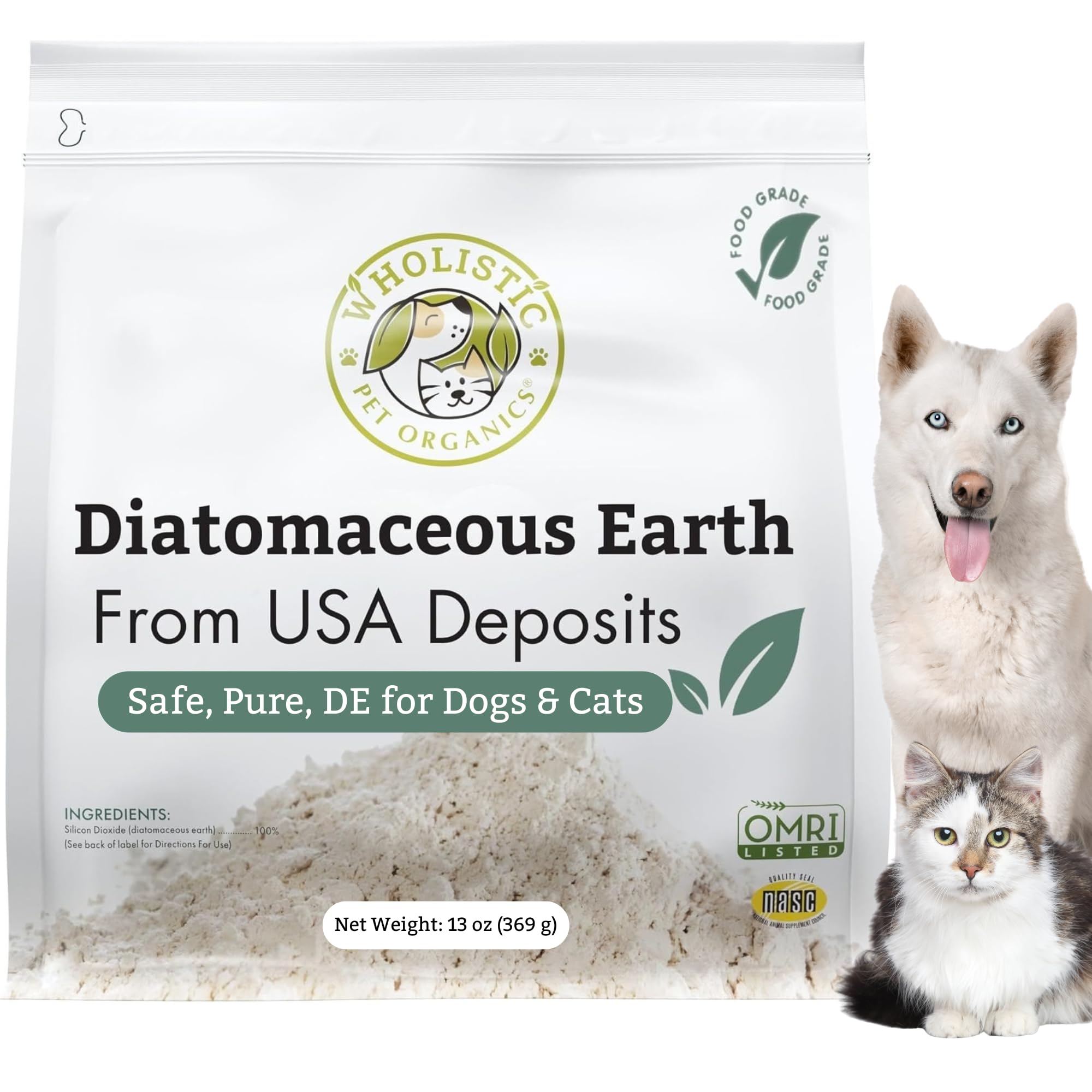 Wholistic Pet Organics Terre Diatomée, poudre 13 oz prête à l’emploi pour chiens et chats.