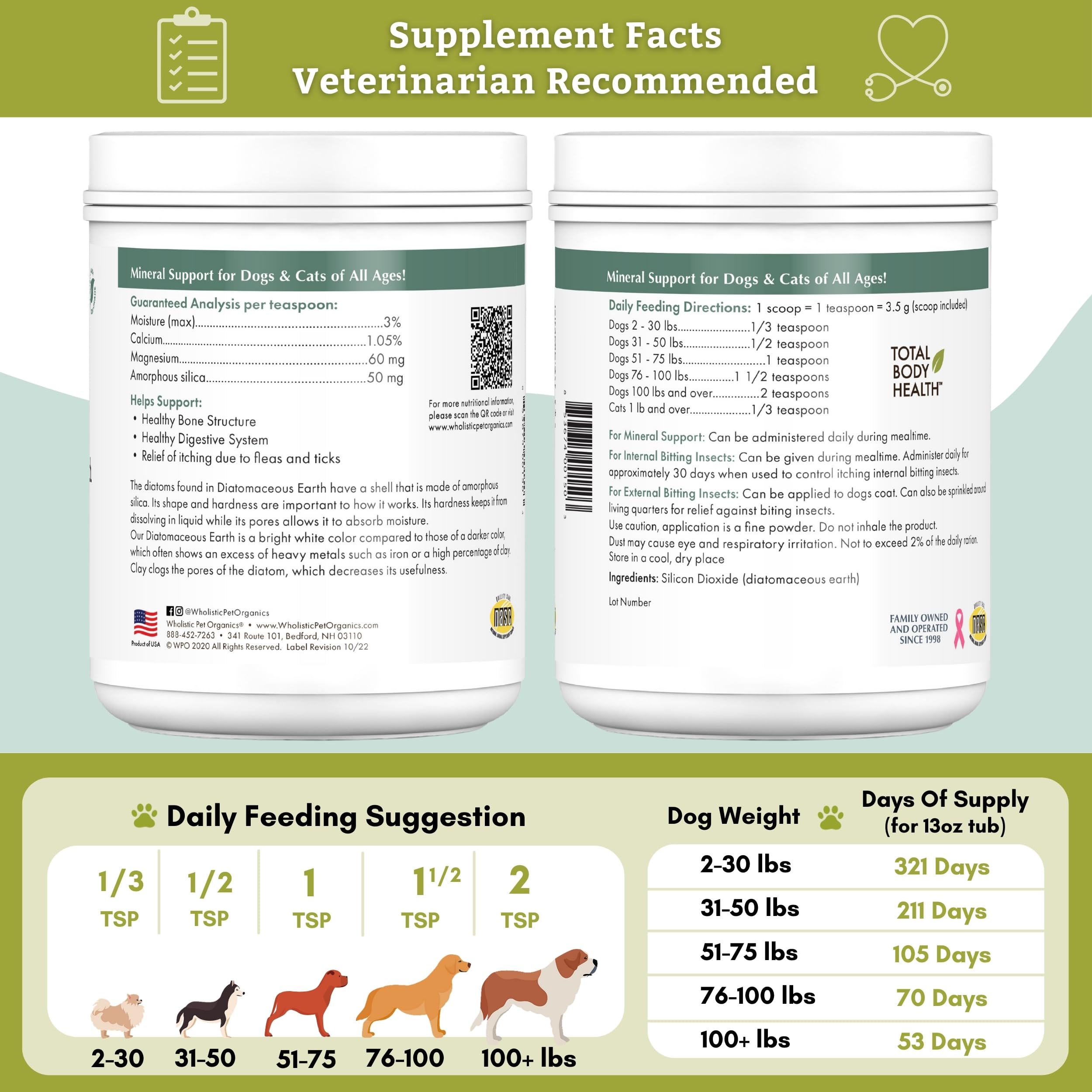 Wholistic Pet Organics Terre Diatomée, usage externe sur pelage, soutien naturel du pelage.