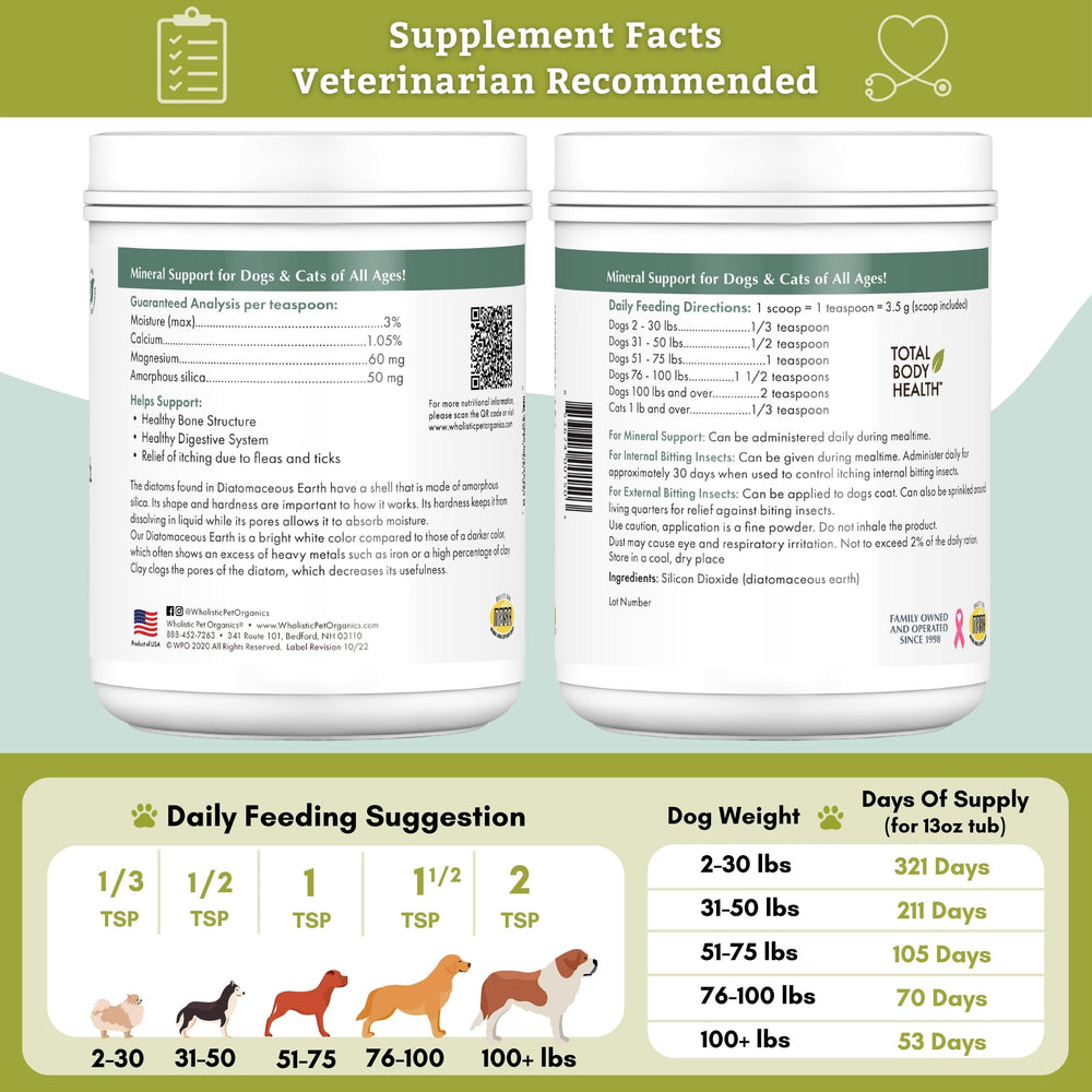 Wholistic Pet Organics Terre Diatomée, usage externe sur pelage, soutien naturel du pelage.
