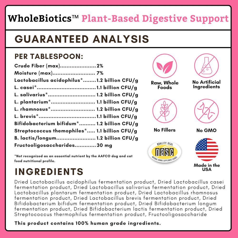 Repas quotidien avec WholeBiotics intégré, alimentation maison ou croquettes