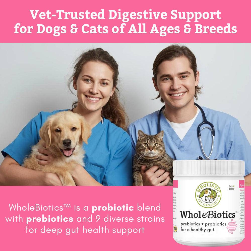 Wholistic Pet Organics WholeBiotics, 9 souches probiotiques pour chiens et chats.