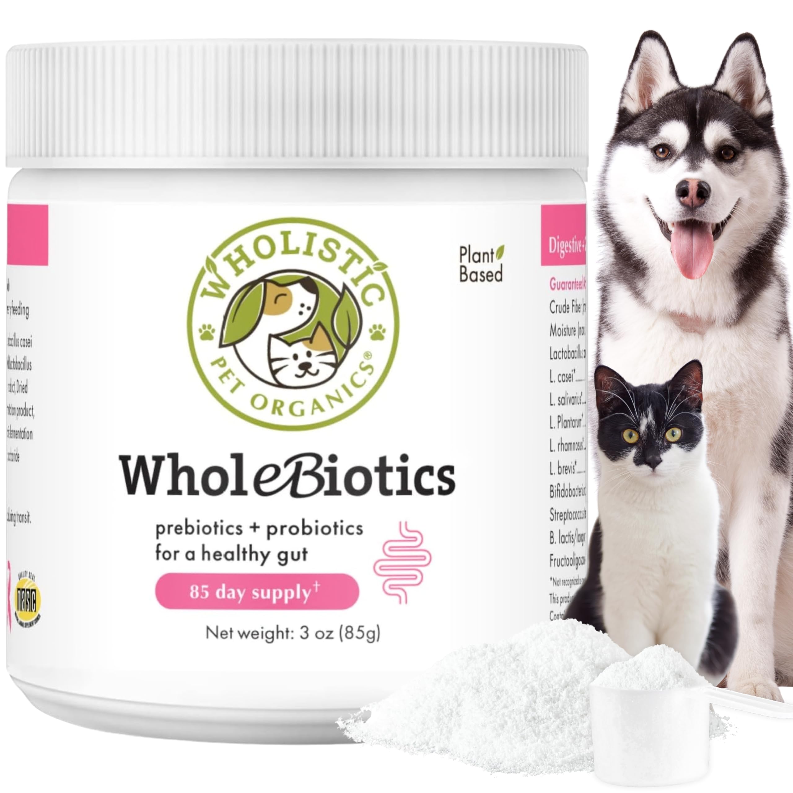 Wholistic Pet Organics WholeBiotics, poudre en bouteille pour soutien digestif quotidien.