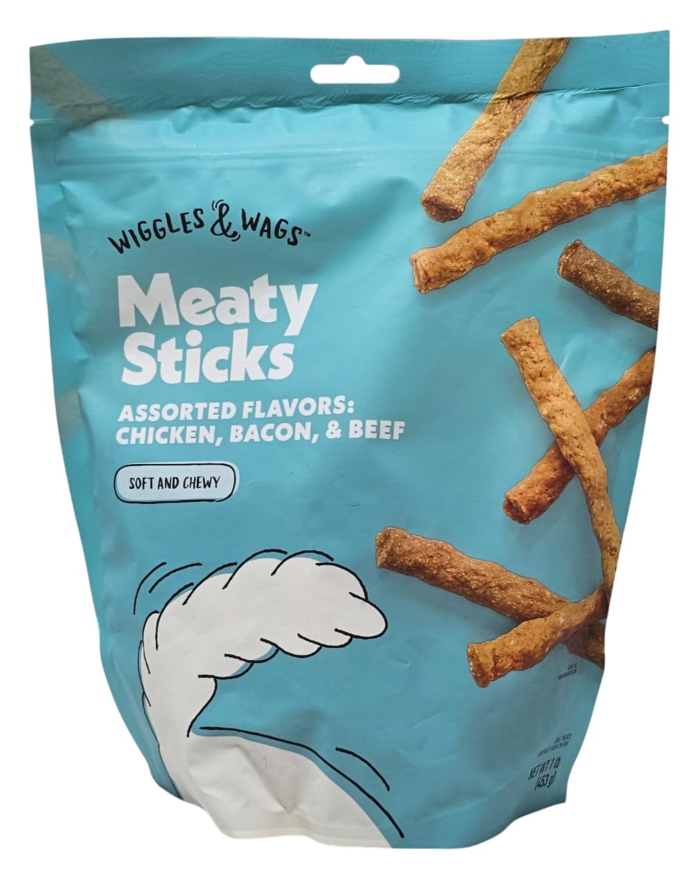 Friandise Wiggles & Wags bâtonnets poulet, texture moelleuse idéale pour récompense.