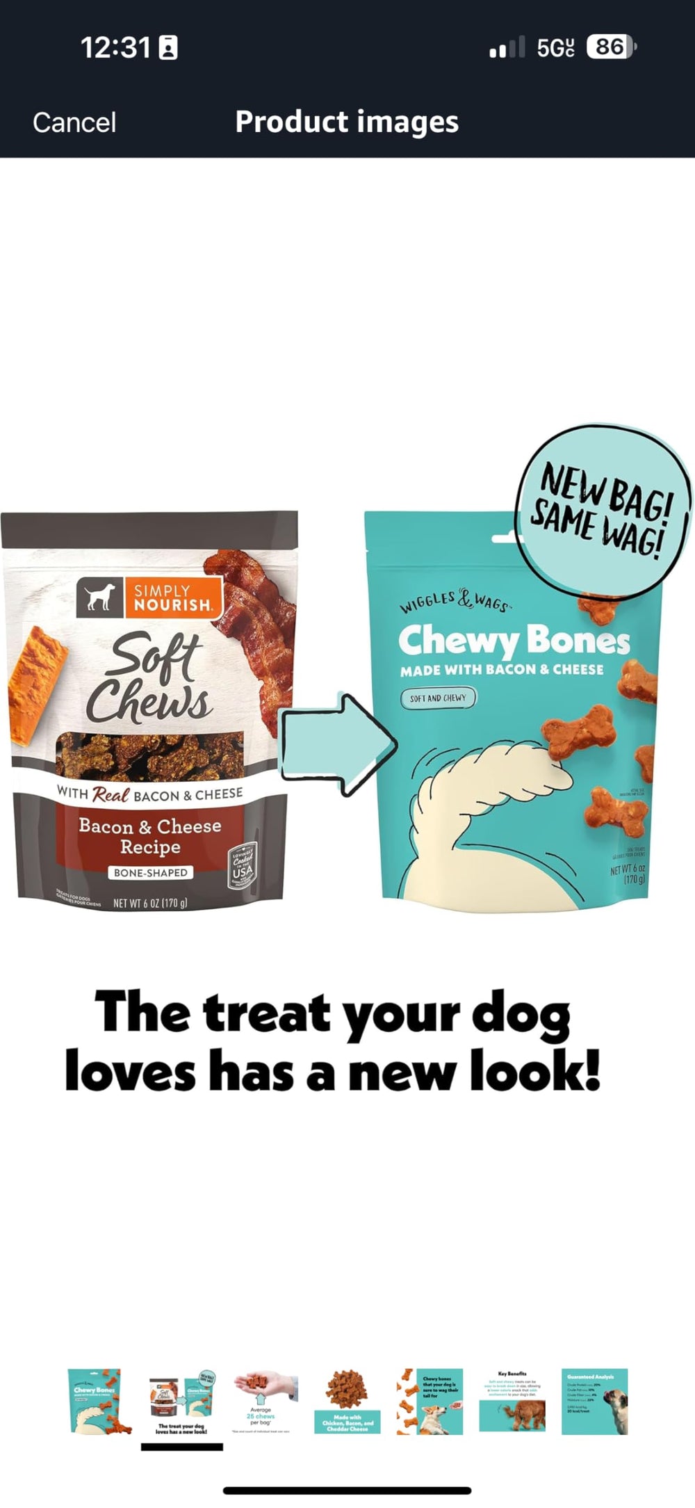Friandises Wiggles & Wags en forme d'os avec bacon et fromage.