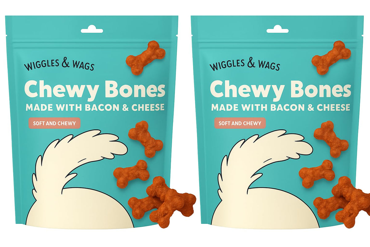 Friandises Wiggles & Wags en forme d'os, texture tendre, idéal pour l'entraînement.