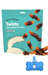 Wiggles & Wags Twists boeuf-patate-douce, texture tendre pour récompenses quotidiennes.
