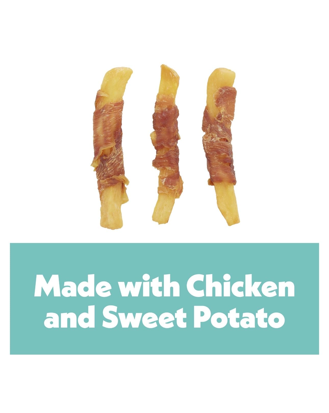Ingrédients premium Wiggles & Wags Twists: poulet réel enveloppant patate douce.