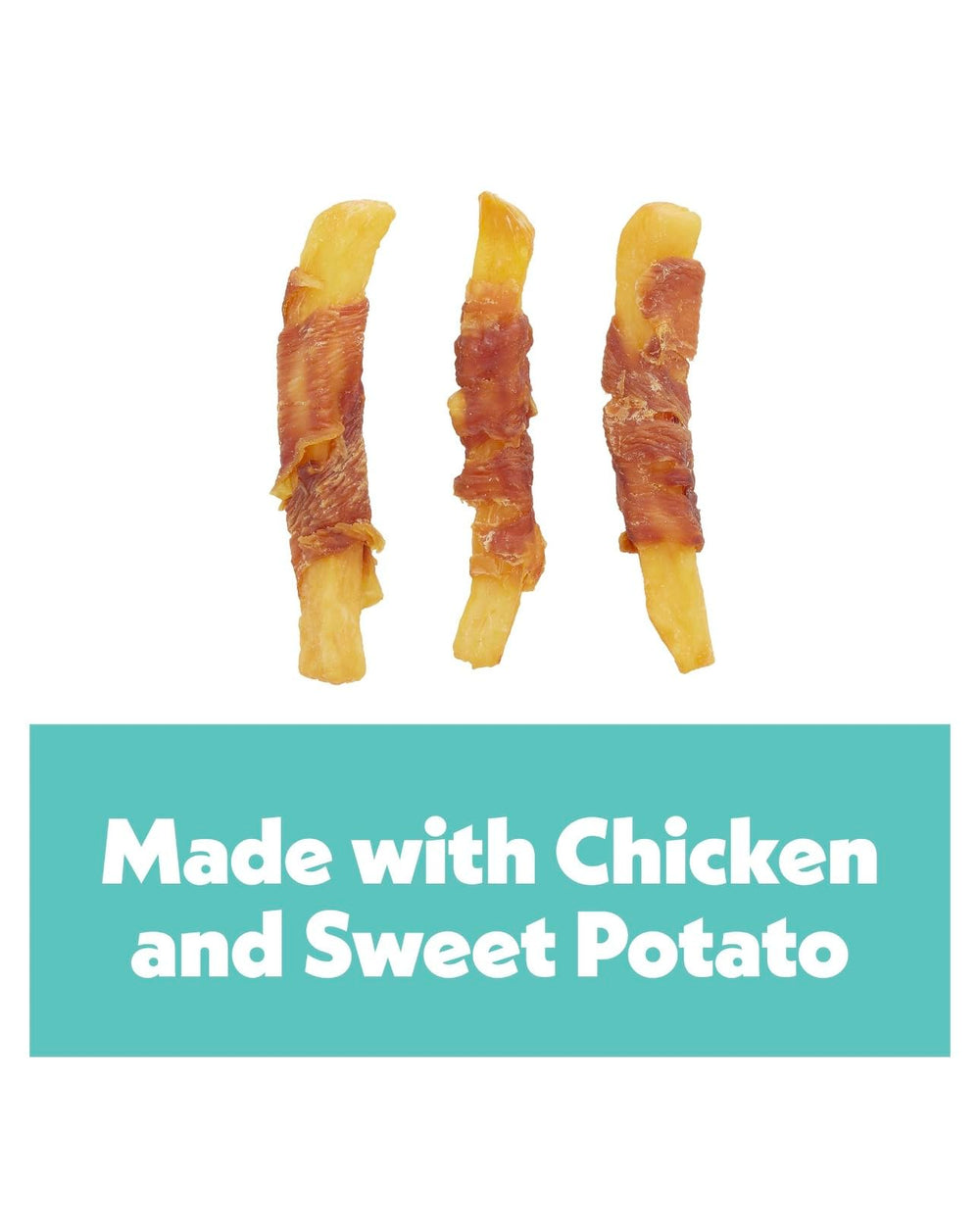 Ingrédients premium Wiggles & Wags Twists: poulet réel enveloppant patate douce.