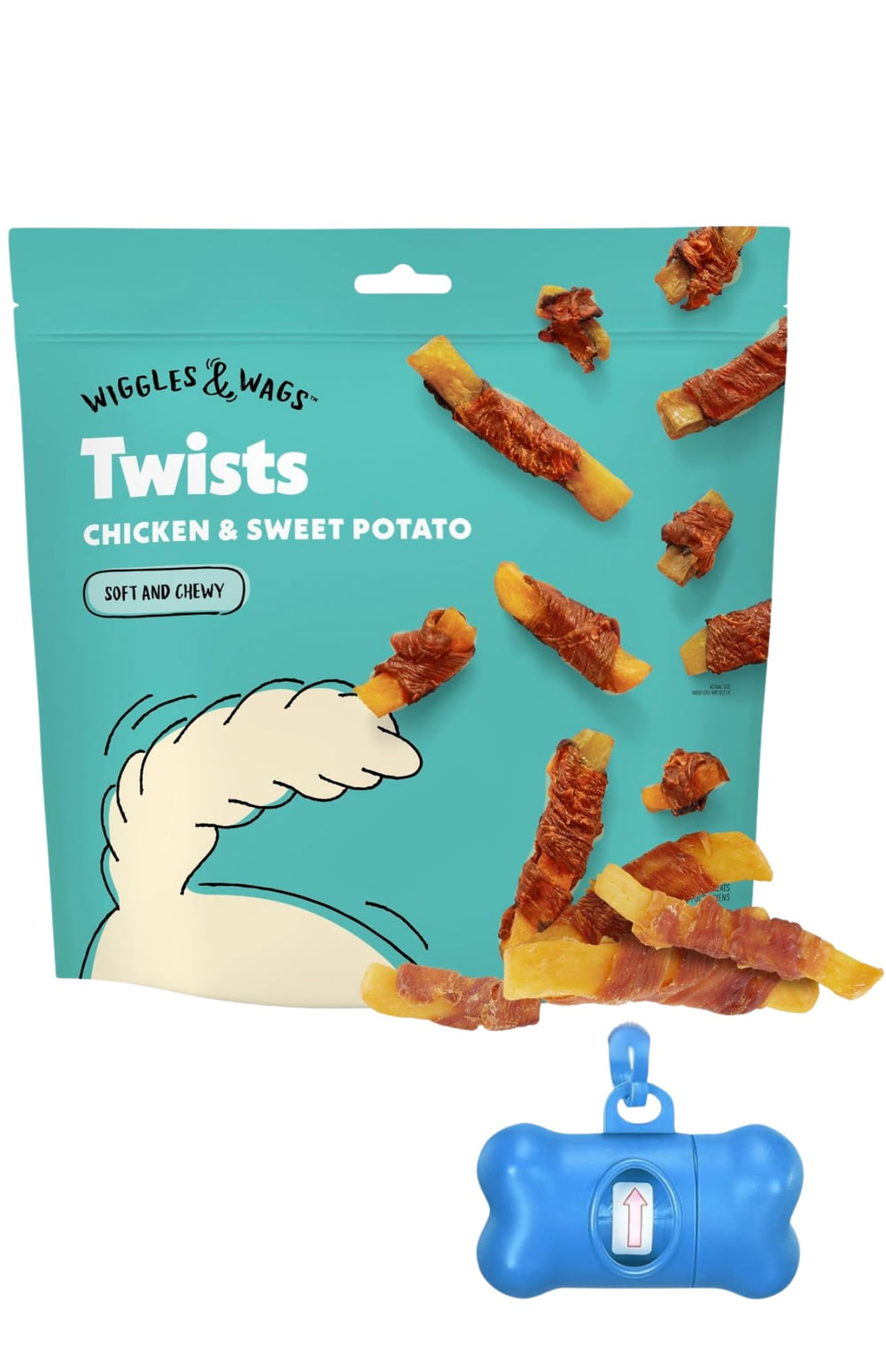 Twists Wiggles & Wags poulet et patate douce dans sachet 16 oz, idéal pour l'entraînement.