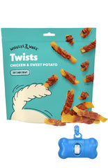 Twists Wiggles & Wags poulet et patate douce dans sachet 16 oz, idéal pour l'entraînement.