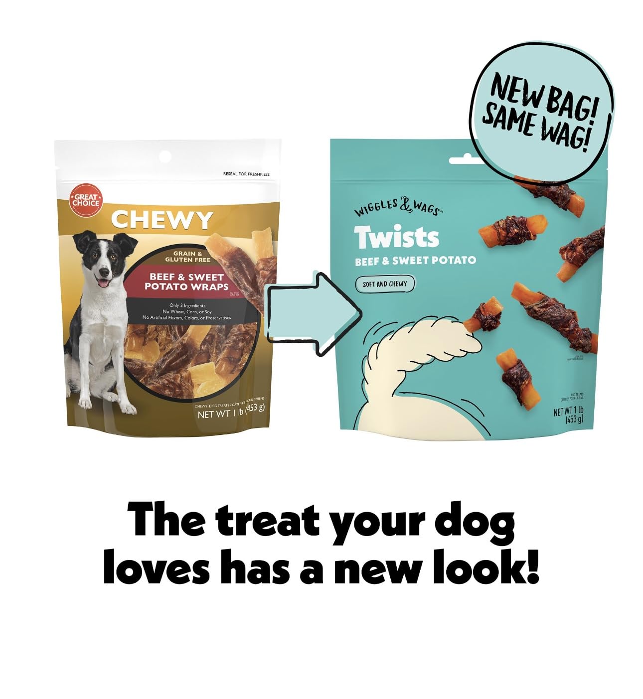 Wiggles & Wags Twists texture torsadée boeuf et patate douce pour chiens gourmands.