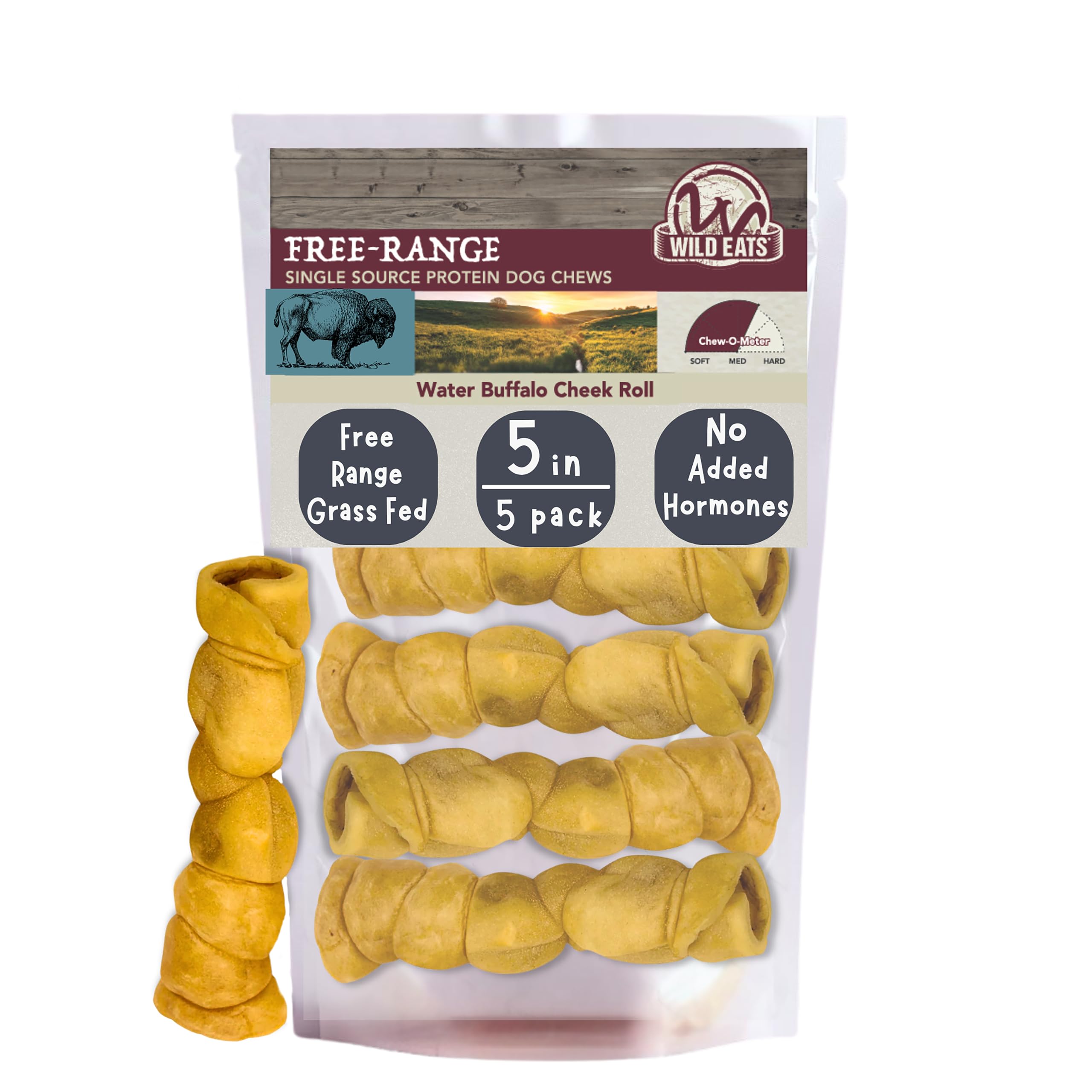 Wild Eats Rouleaux joues buffle d’eau, pack 5, mâchage durable pour grands chiens