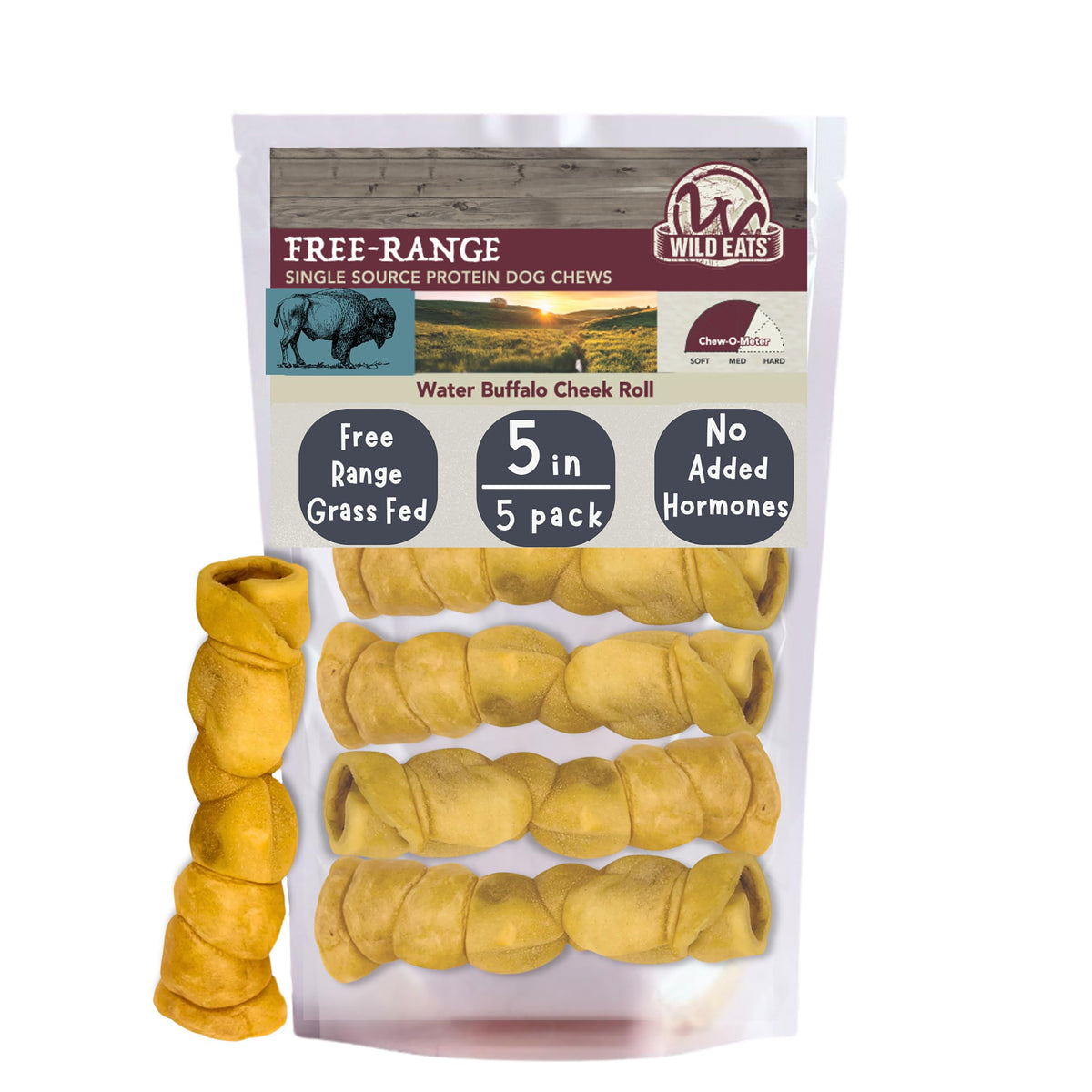 Wild Eats Rouleaux joues buffle d’eau, pack 5, mâchage durable pour grands chiens