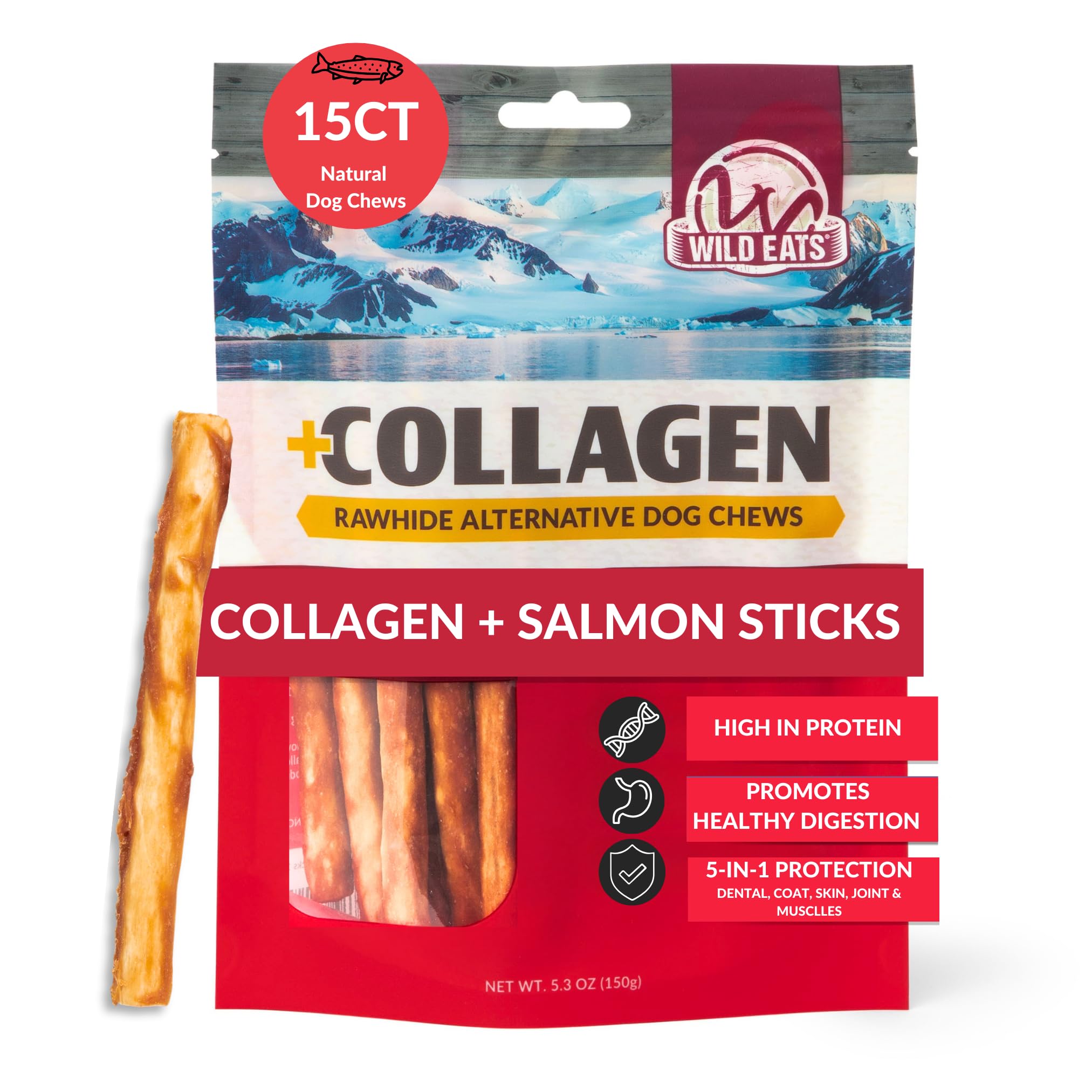 Wild Eats batis bullys saumon et collagene, packaging clair et attractif pour chiens.