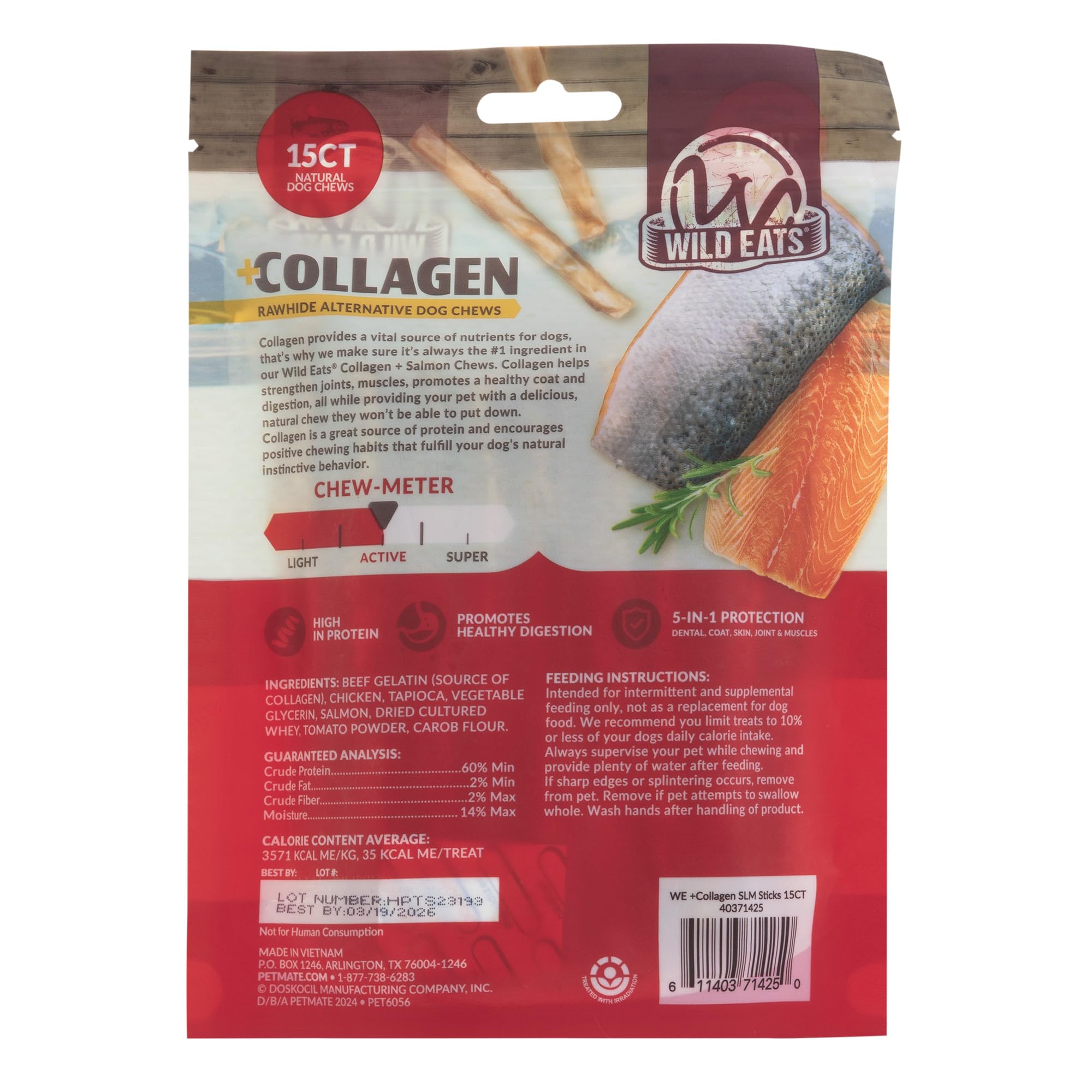 Conseils d'utilisation sur l'image des sticks Wild Eats saumon et collagène.