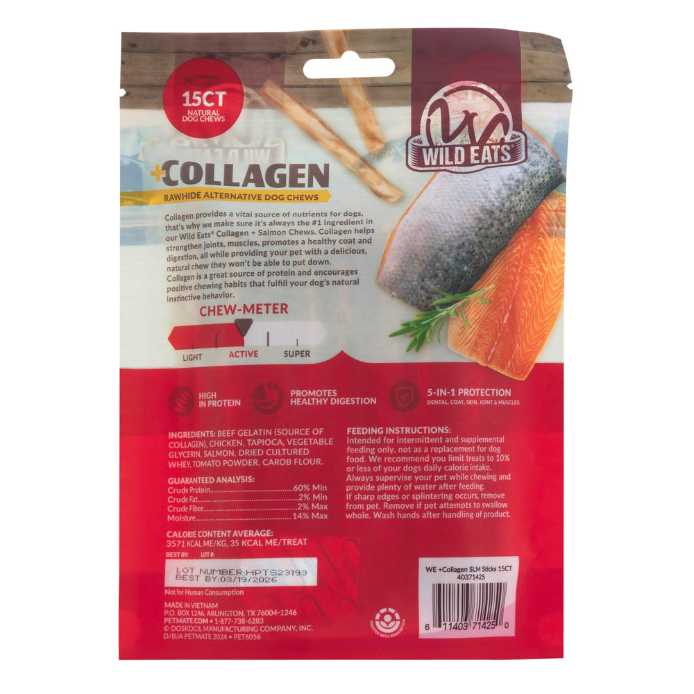 Conseils d'utilisation sur l'image des sticks Wild Eats saumon et collagène.
