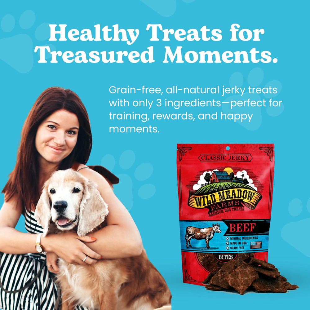 Récompense en entraînement avec les Jerky Bites Wild Meadow Farms.