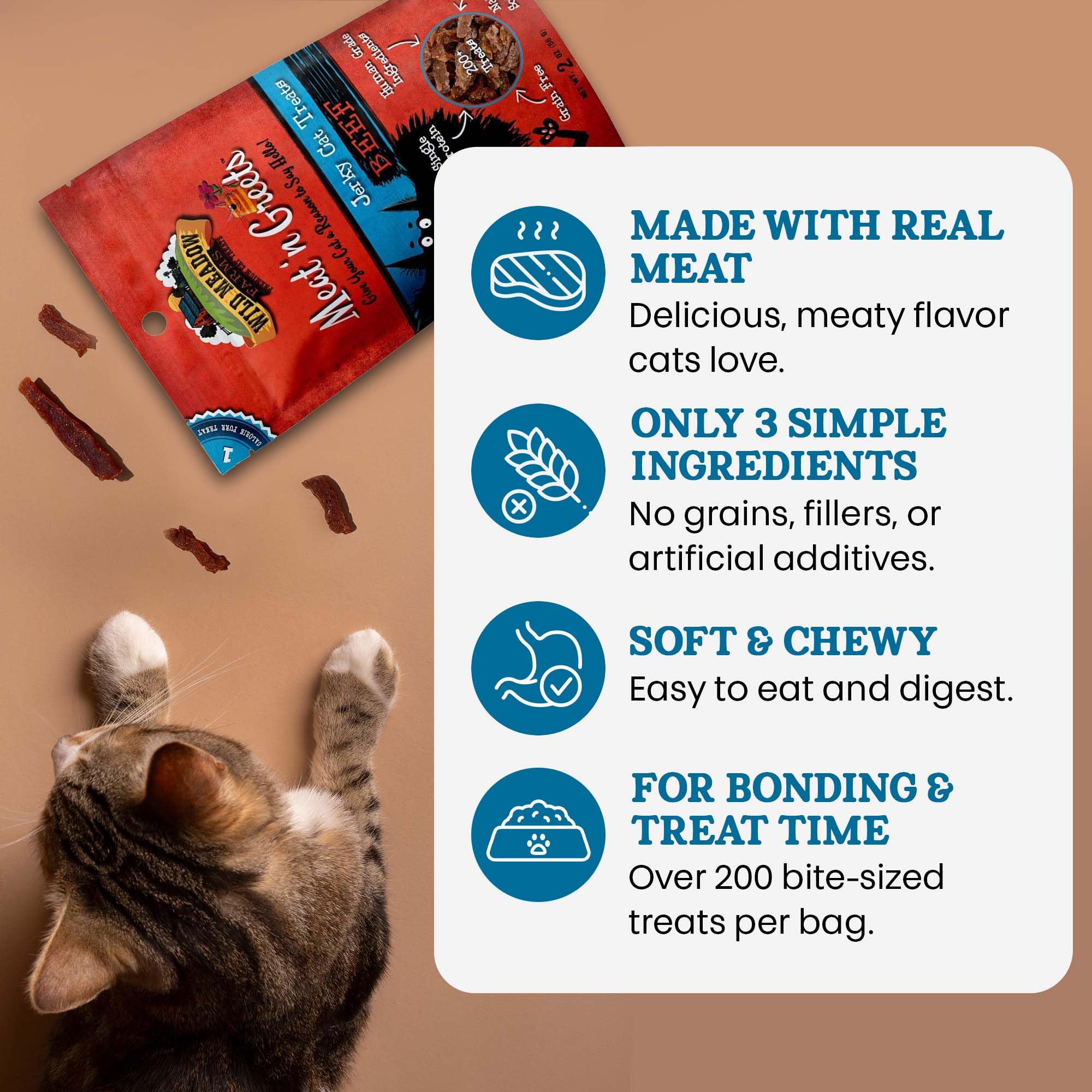 Meat 'N Greets trois ingrédients simples, sans céréales, snack naturel pour chat.