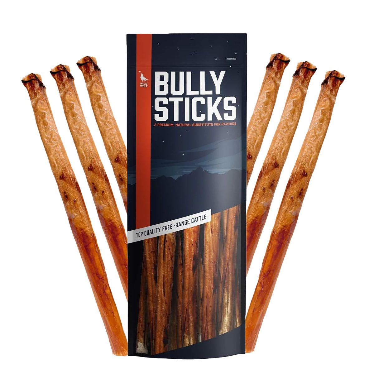 Friandise Wild Wolf CollaBully Sticks de 12 pouces en emballage pratique pour chien.