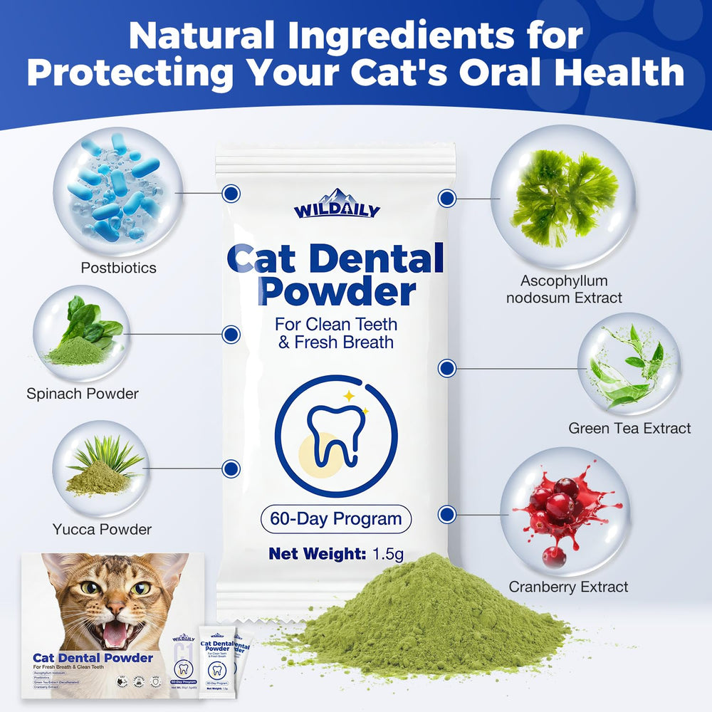 Wildaily Poudre Dentaire Chat — sachets individuels faciles à doser lors des repas.