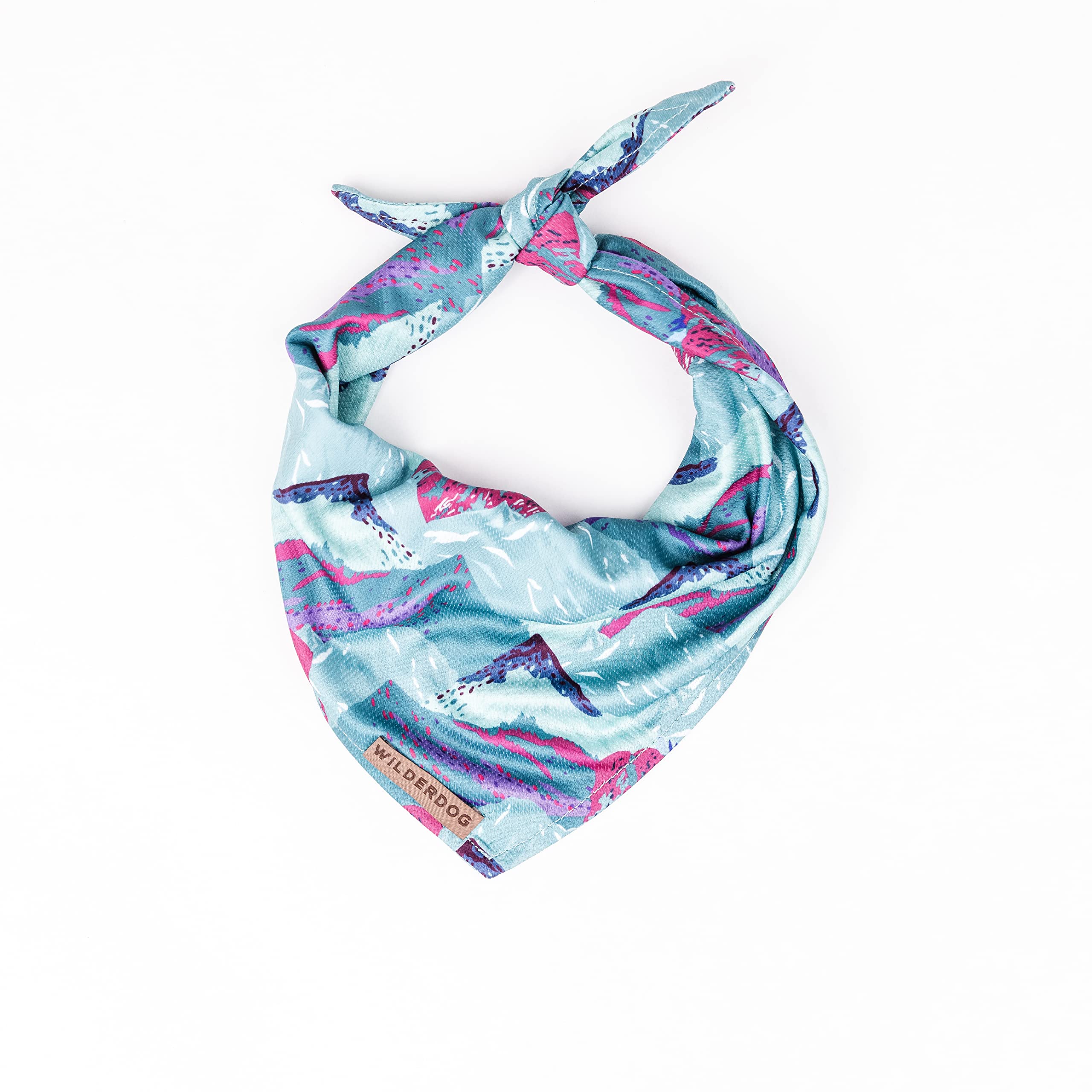 Bandana Wilderdog Alpenglow porté par un chien, aspect lumineux et confort durable en plein air.