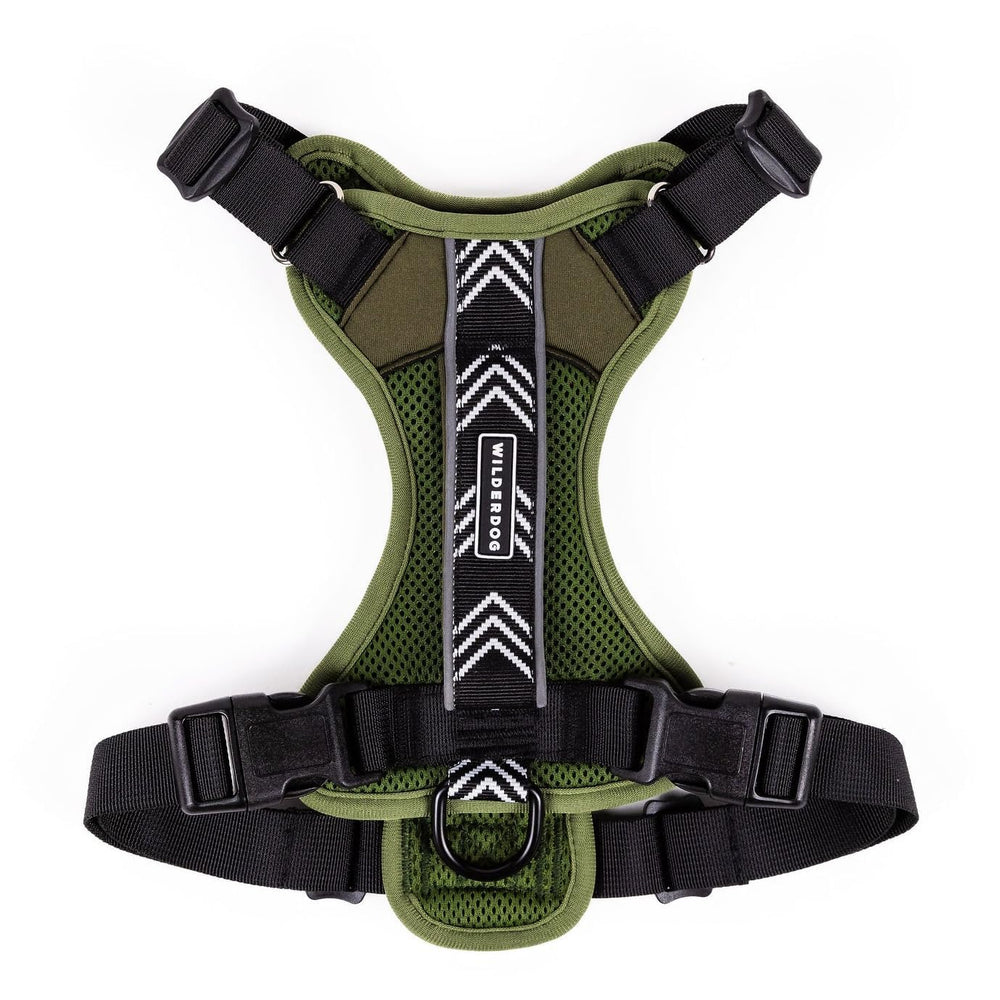 Harnais Wilderdog léger olive vue avant, confort et liberté pour les promenades.