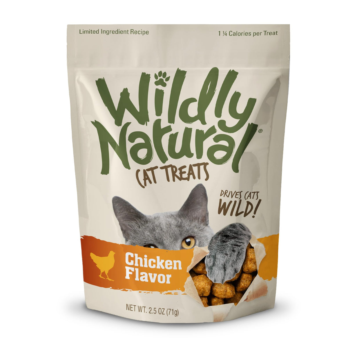 Wildly Natural Cat Treats au poulet dans un sachet de 2,5 oz pratique pour les récompenses.