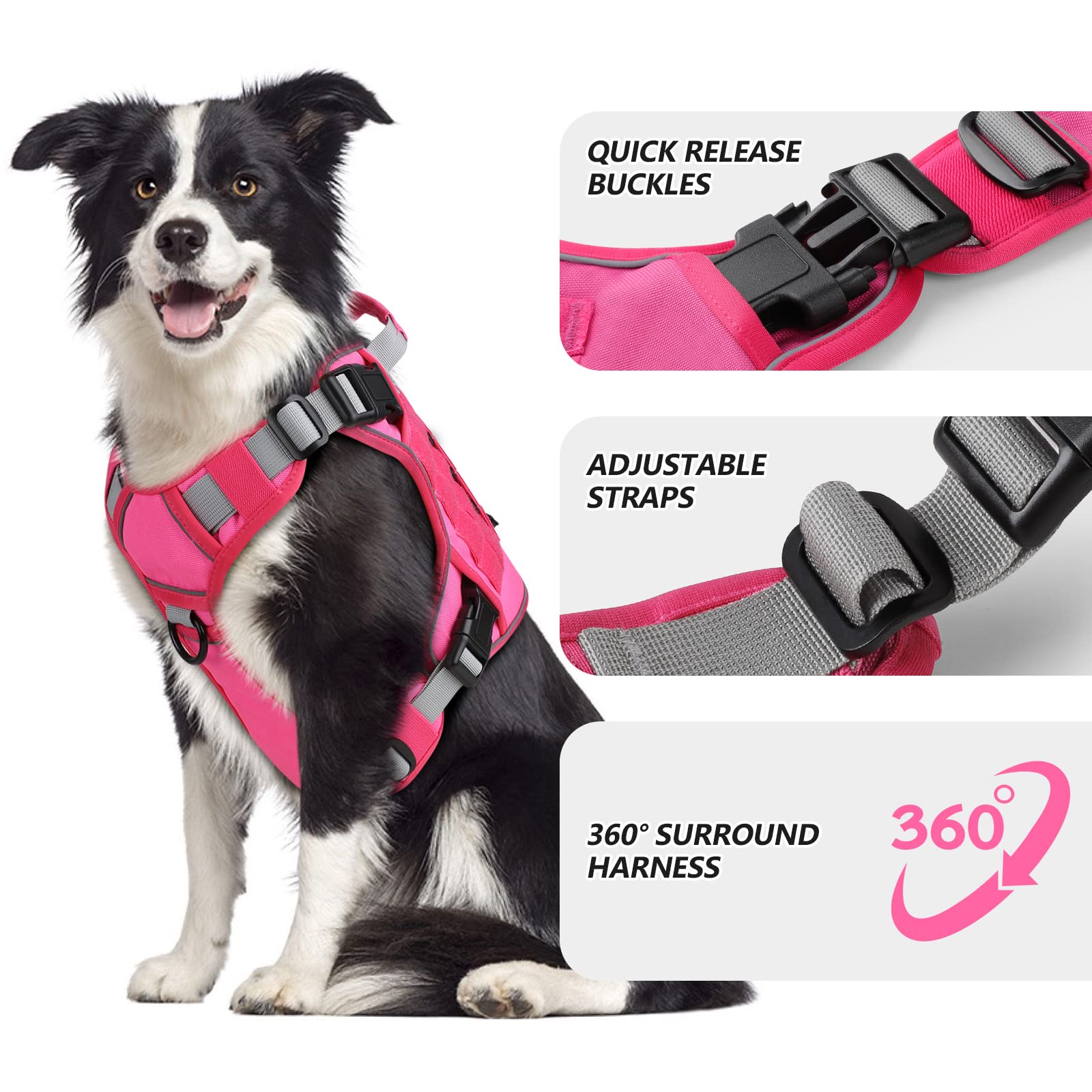 Wingoin harnais tactique pour chien extralarge rose, poignée pour guider le chien à proximité.