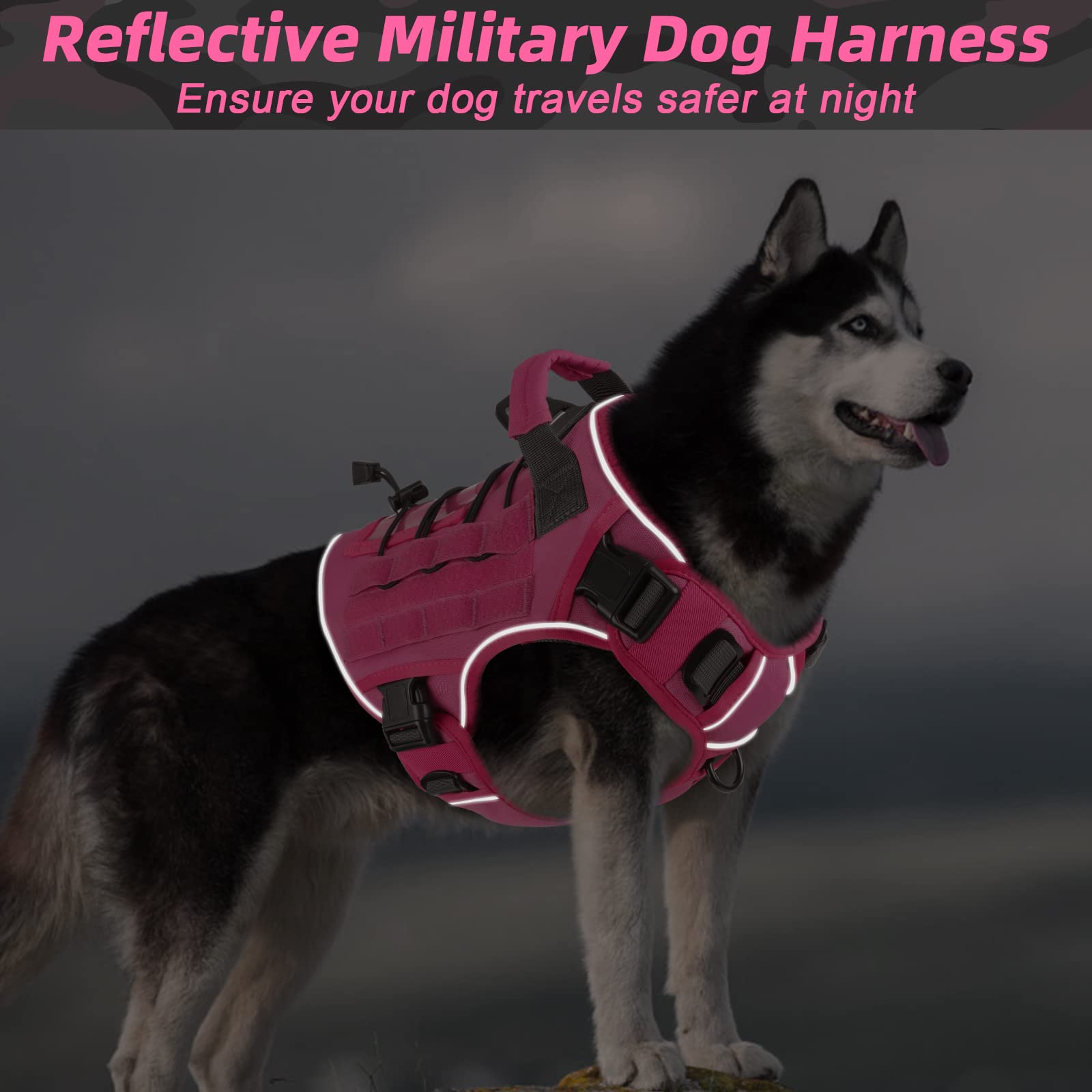 Wingoin harnais tactique pour chien extralarge rose, bande réfléchissante pour sécurité nocturne.