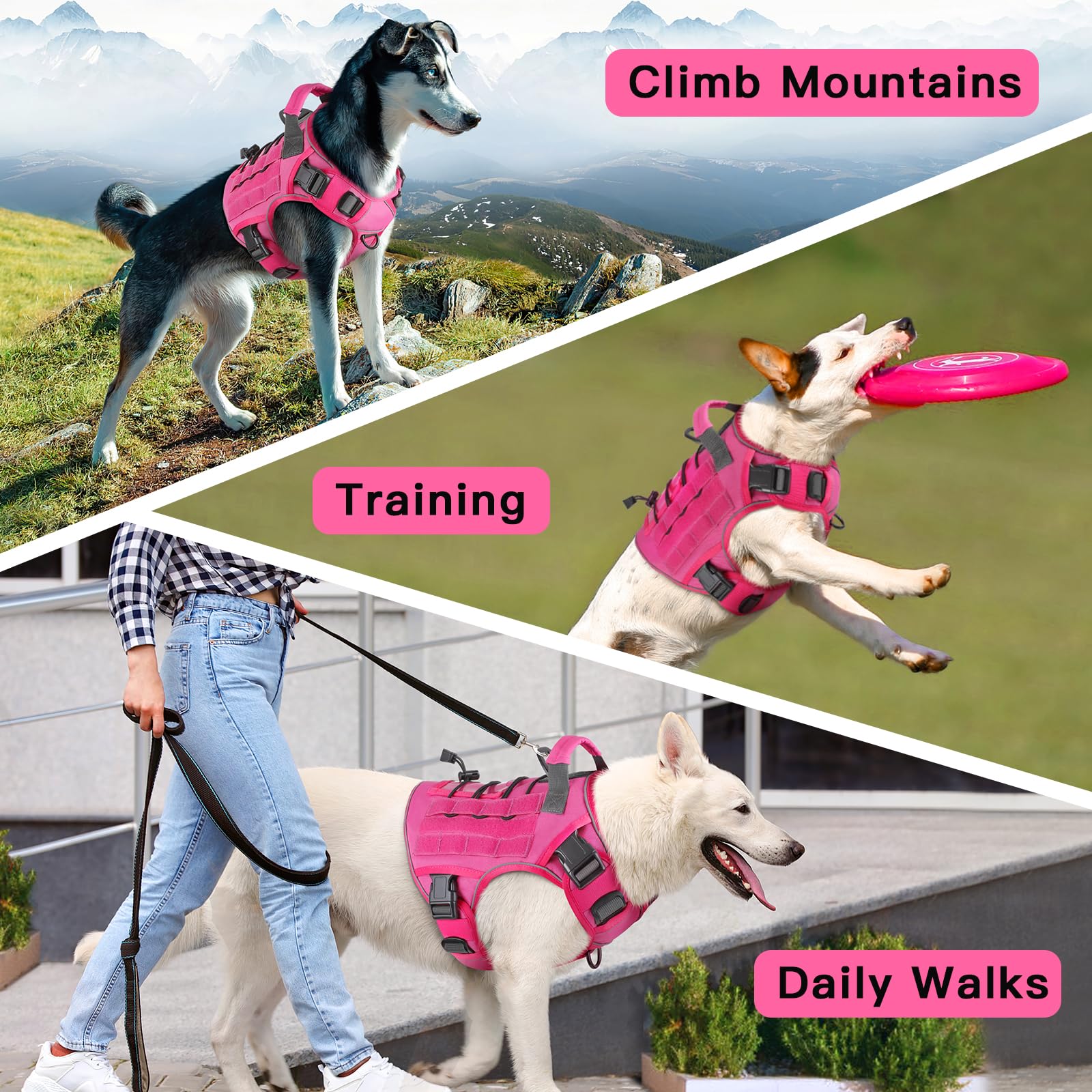 Wingoin harnais tactique pour chien extralarge rose, tissu respirant pour le confort du chien.