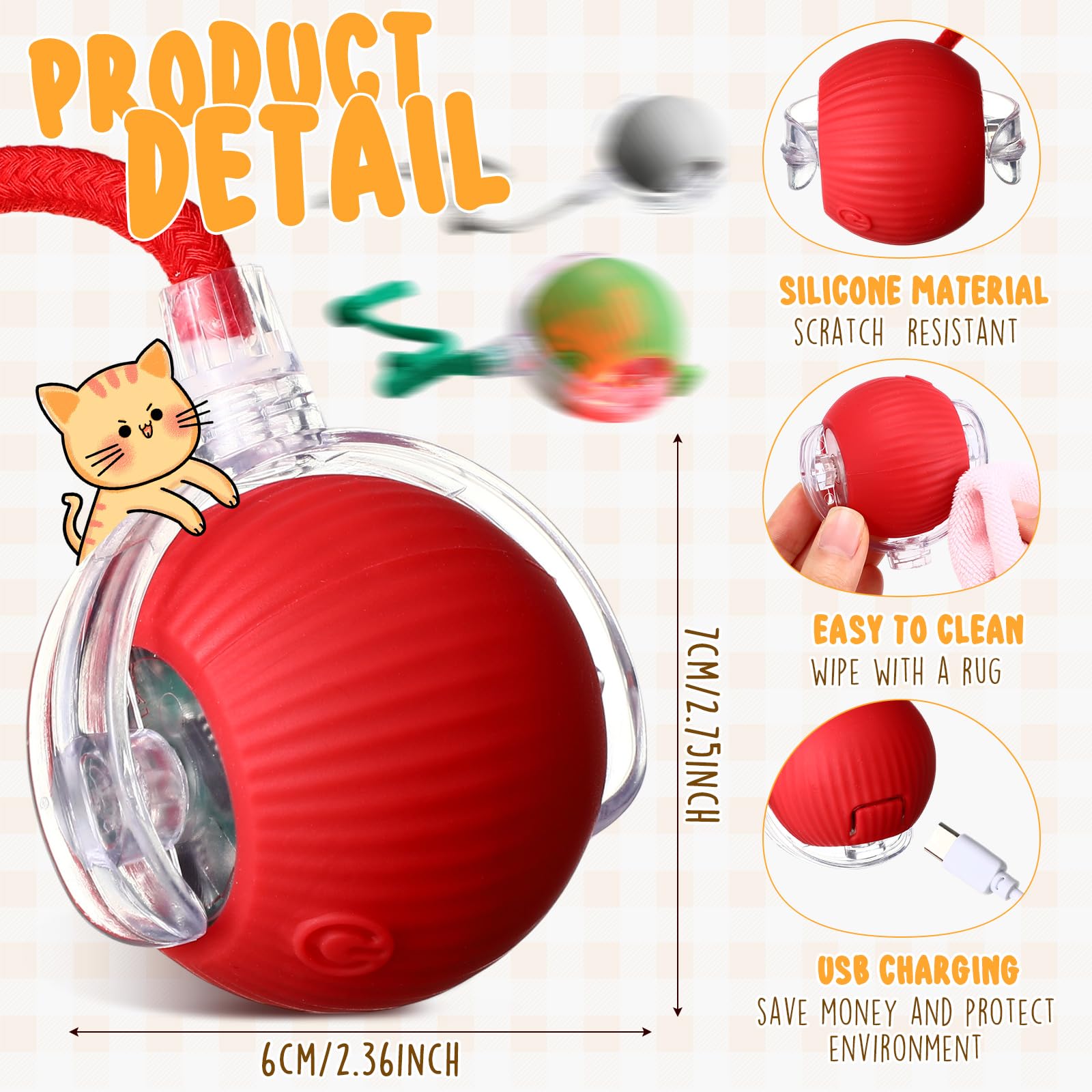 WinnerWhy Balle chat interactive gris, passe facilement sous les meubles pour des jeux variés.