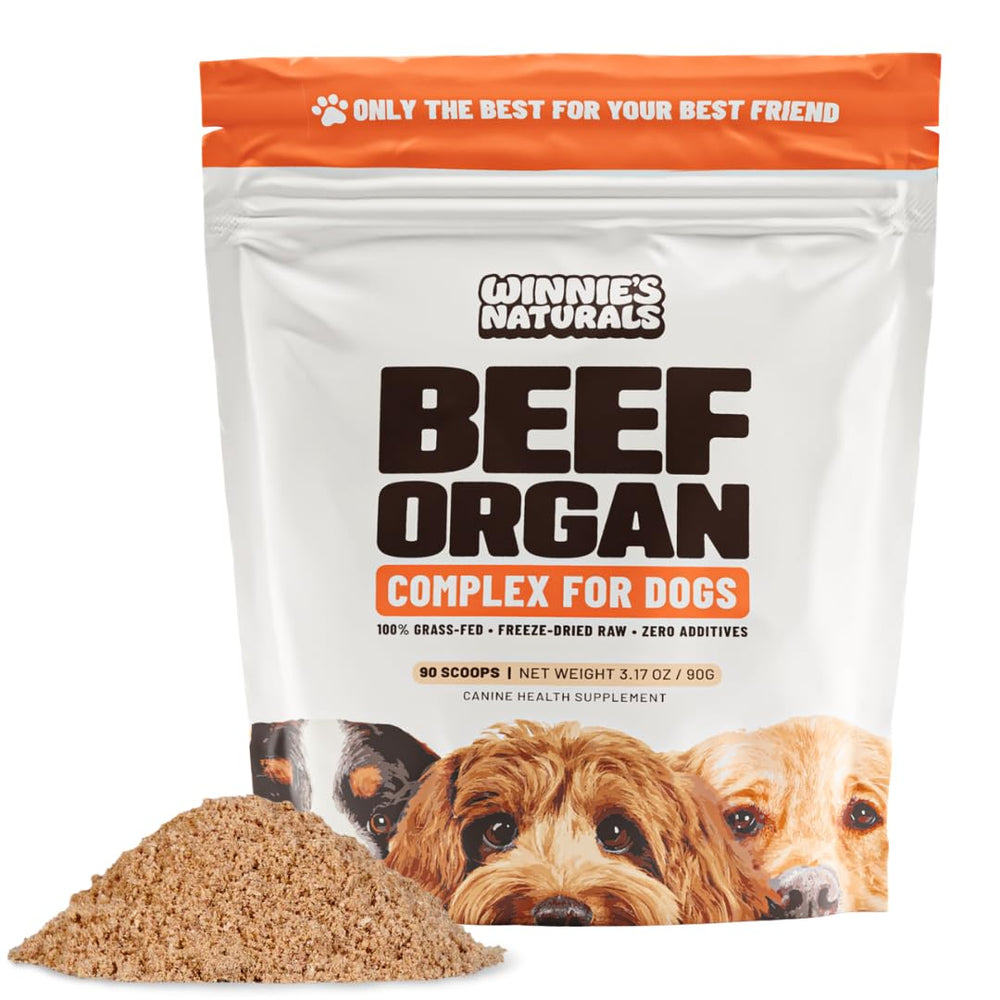 Sachet Winnie's Naturals montrant le complément alimentaire pour chiens à base d'organes de bœuf.