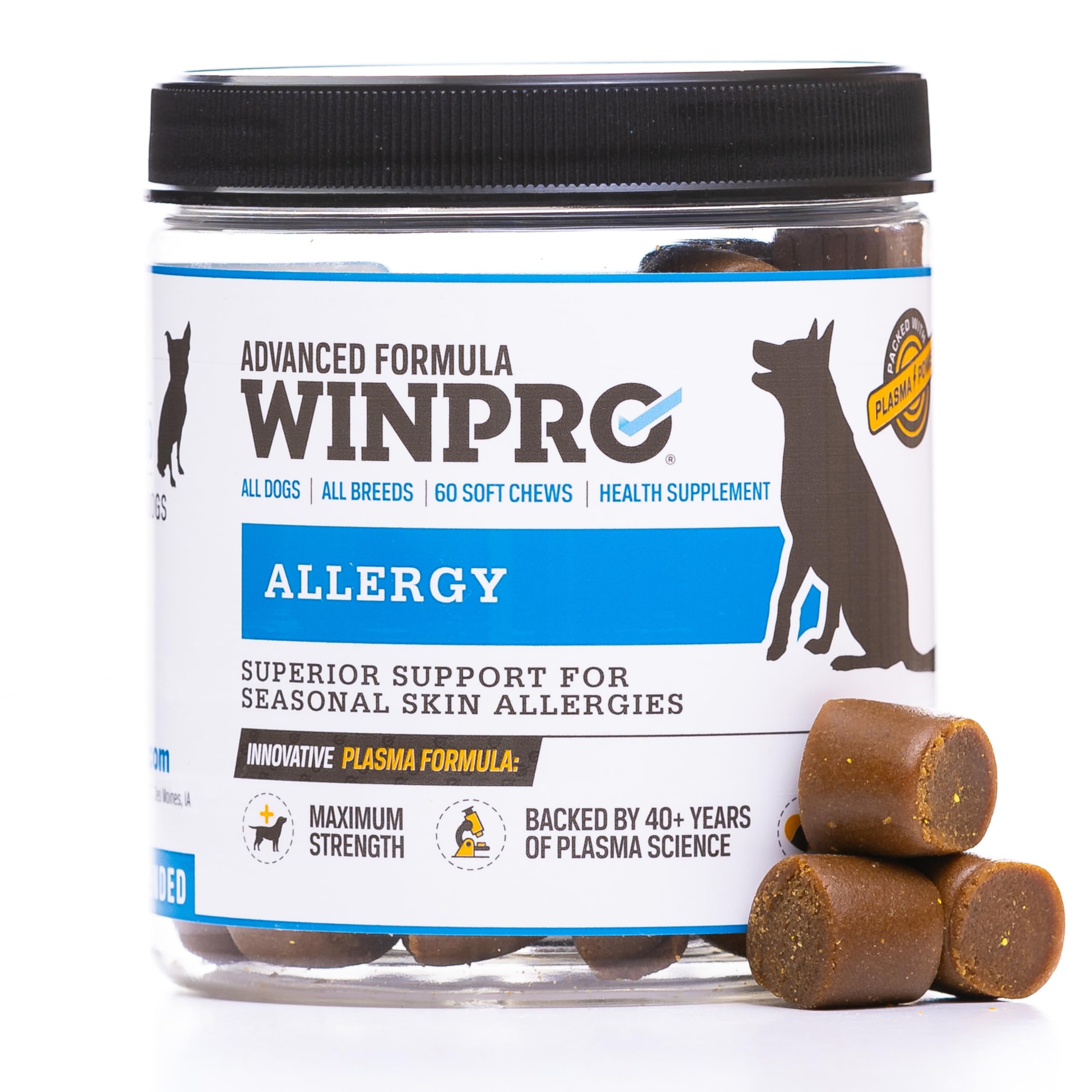 WINPRO Allergy Chews — bouteille avec friandises molles, soutien potentiel de la peau du chien.