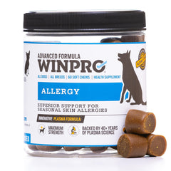 WINPRO Allergy Chews — bouteille avec friandises molles, soutien potentiel de la peau du chien.