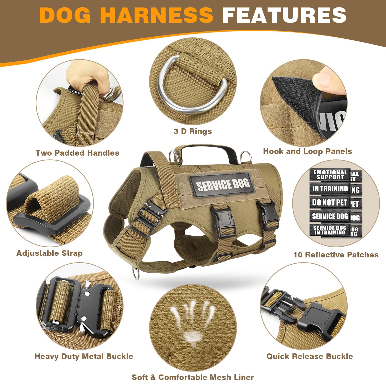 WINSEE gilet-service-chien: boucles metalliques robustes visibles pour entraînement.