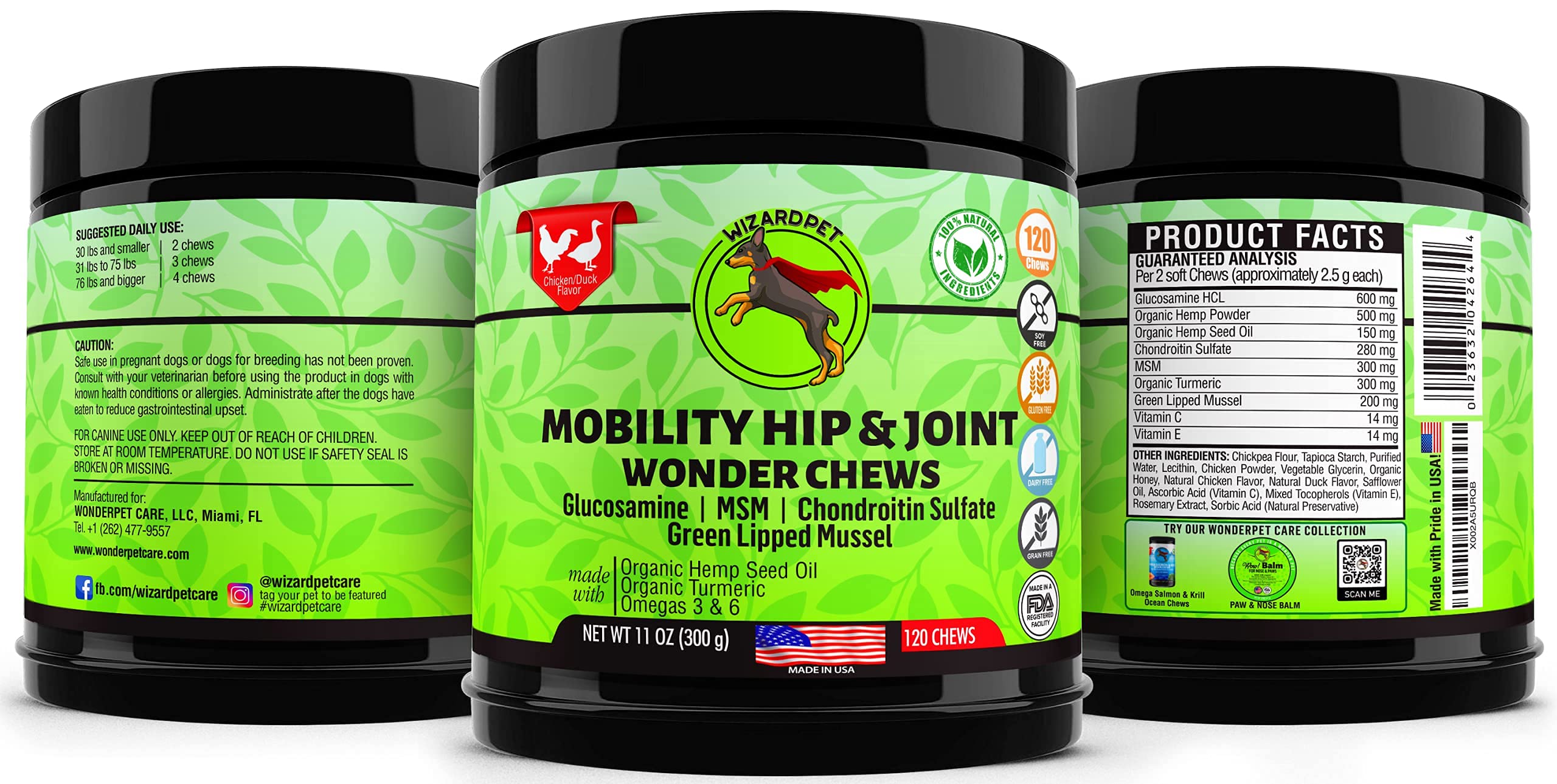 Ingrédients naturels WizardPet avec chanvre et glucosamine.