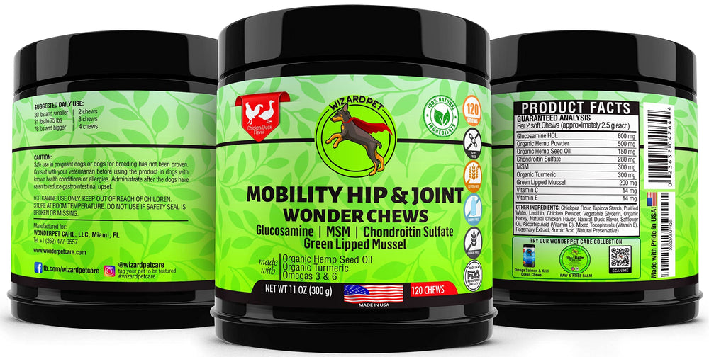 Ingrédients naturels WizardPet avec chanvre et glucosamine.