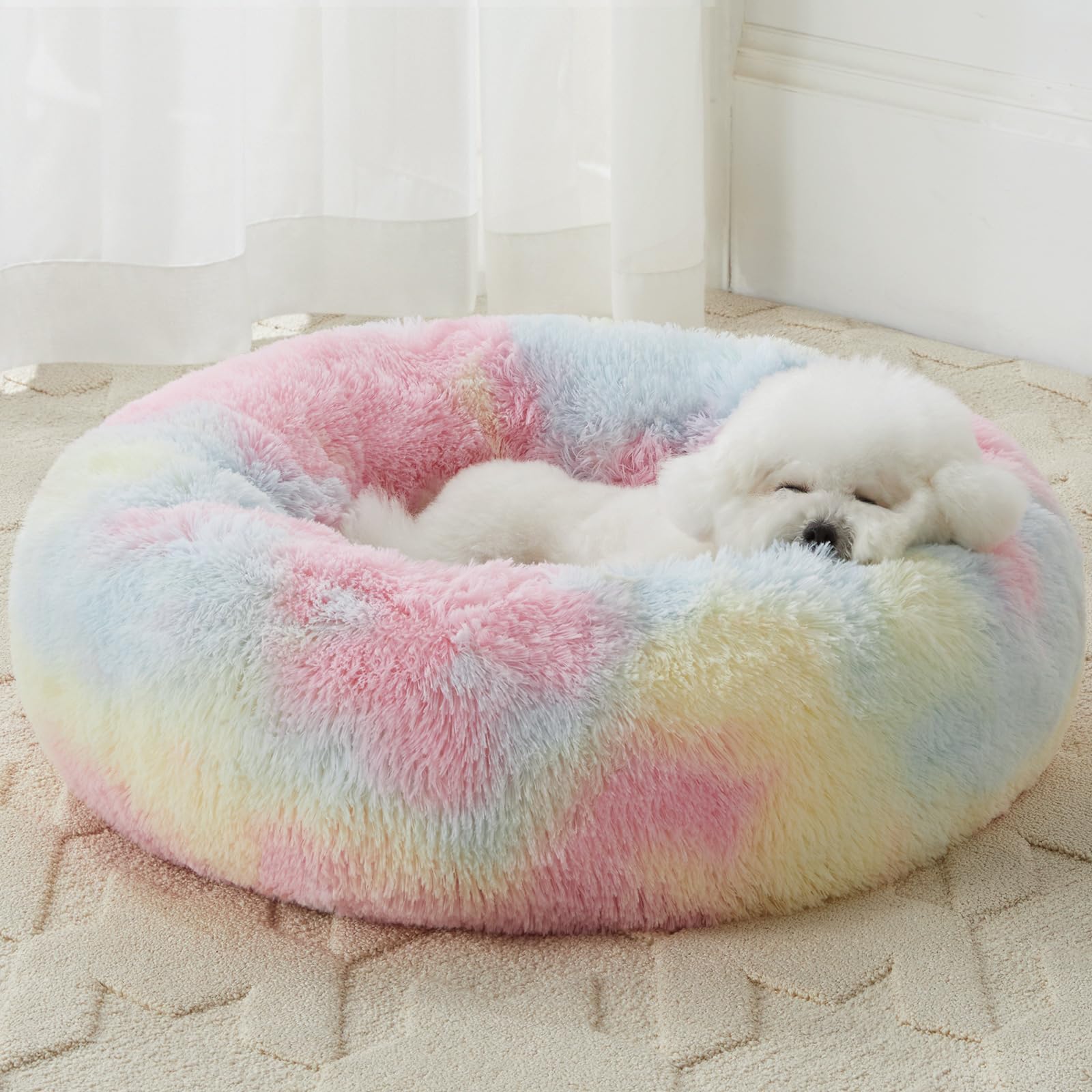 WNPETHOME Donut arc-en-ciel, vue avant, confort apaisant pour chien.