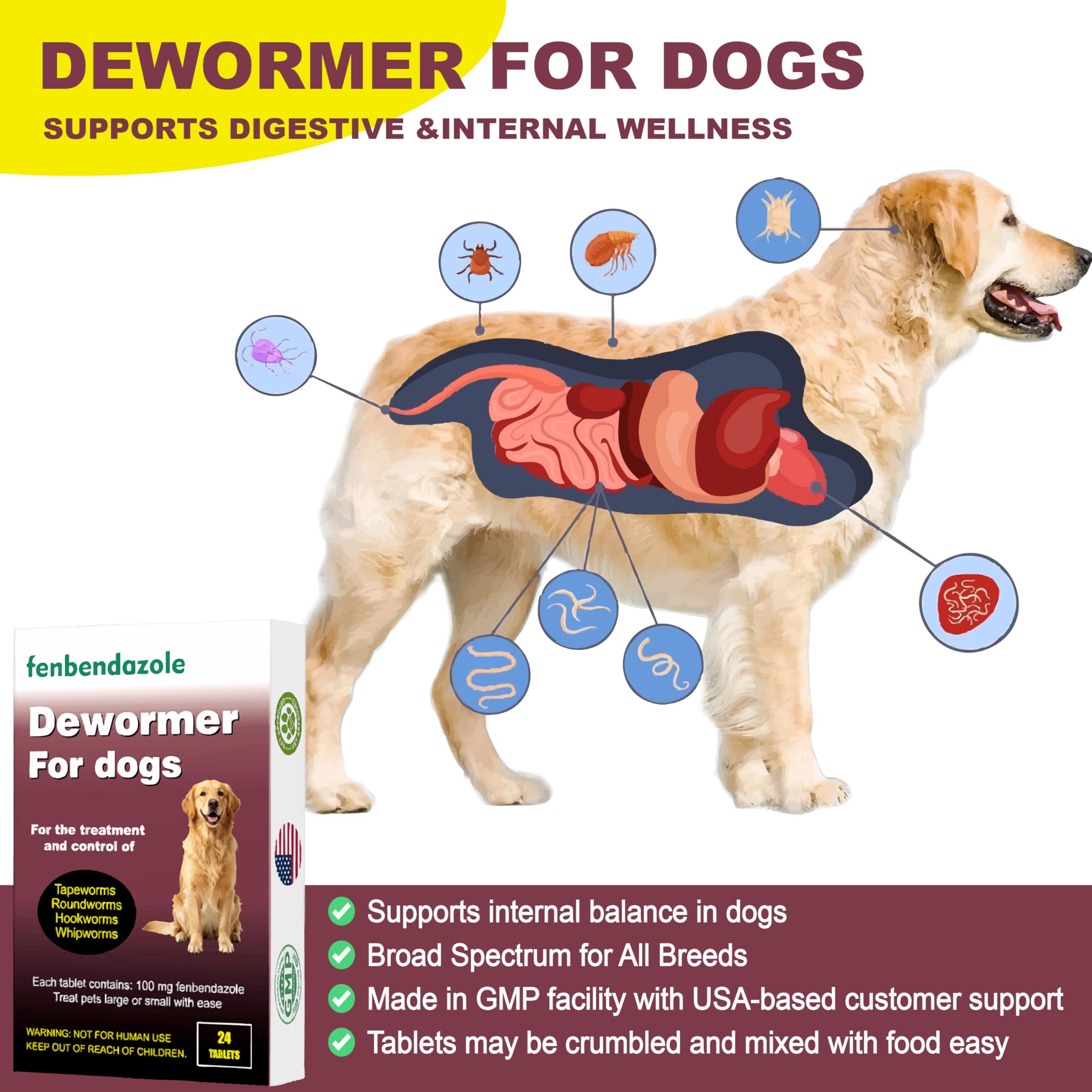Woaitme vermifuge chiens – emballage pratique de 24 comprimés.