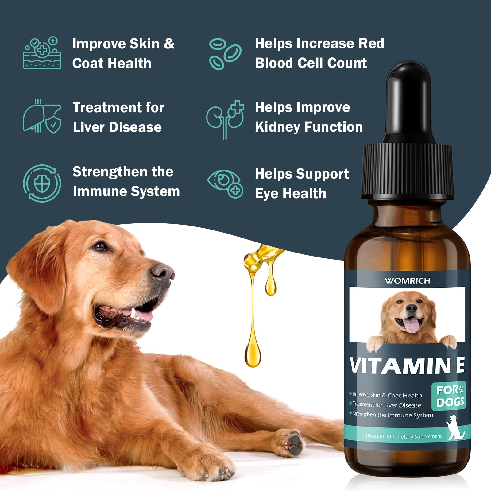Gouttes avec pipette WOMRICH Vitamine E pour chien, dosage pratique