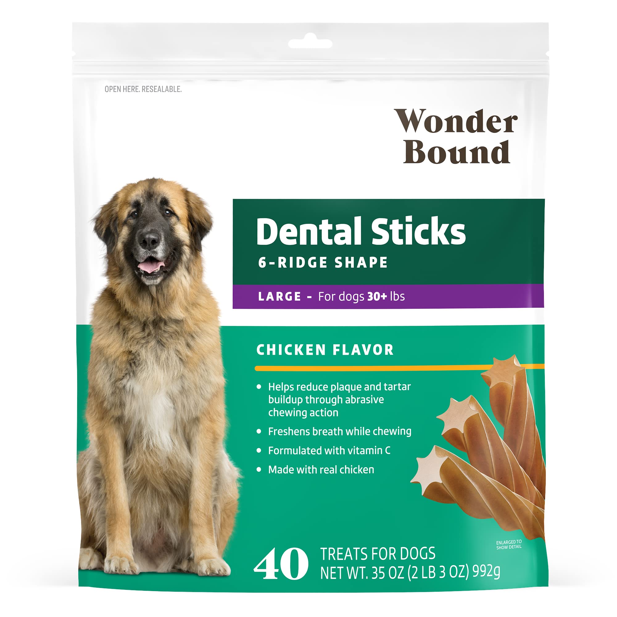 Wonder Bound bâtonnets dentaires poulet en emballage, idéal pour chien de grande taille