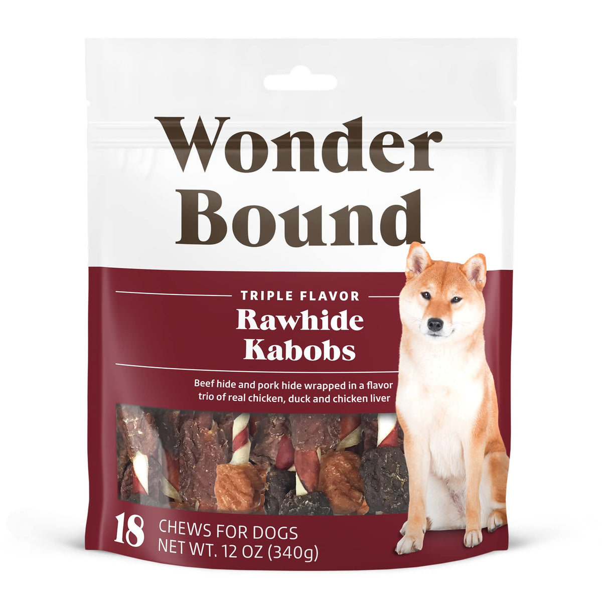 Wonder Bound kabobs-crues-poulet, emballage prêt à l’emploi, friandise durable pour chien.